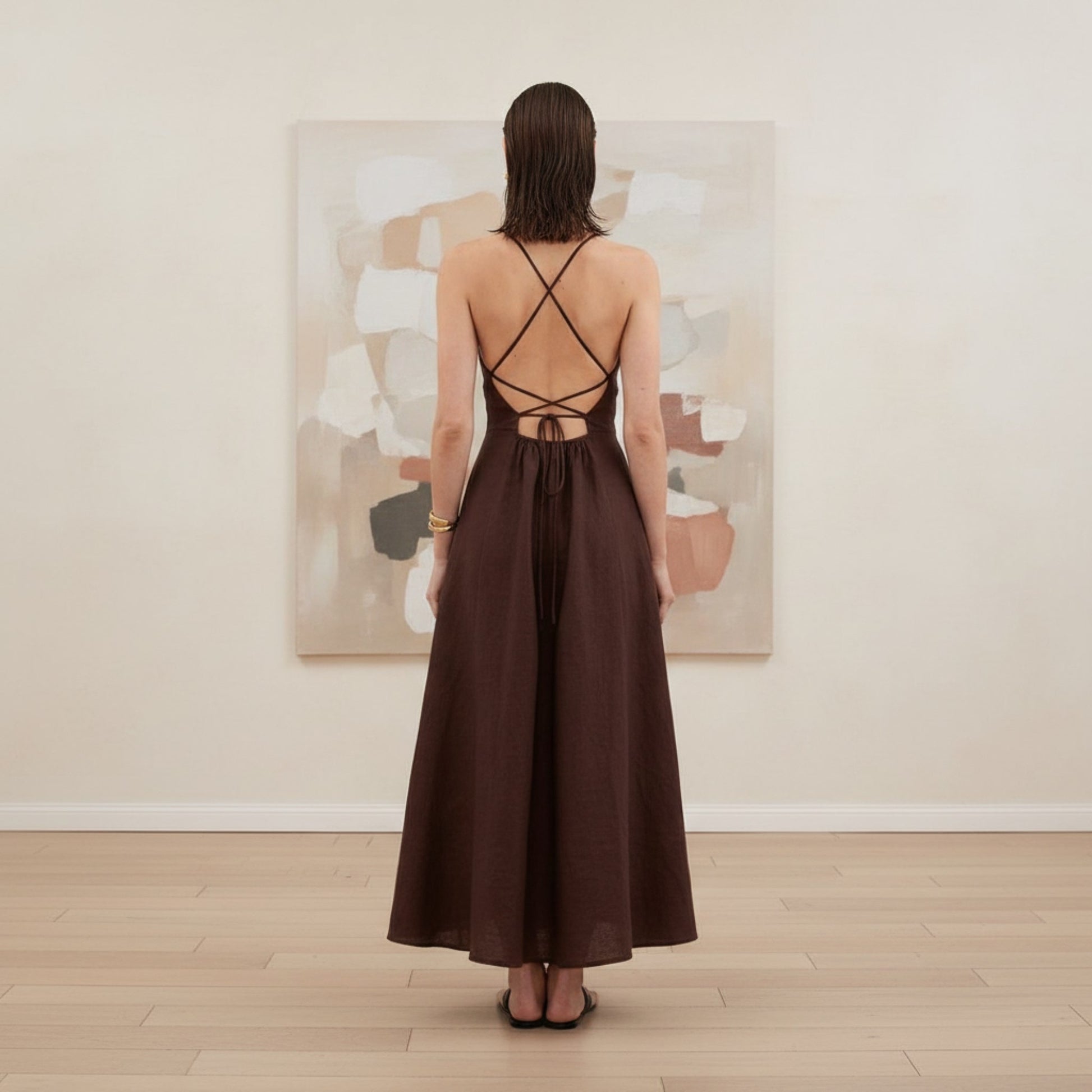 Spaghetti Strap Linen Maxi Dress, Foldover Bodice Open Back
