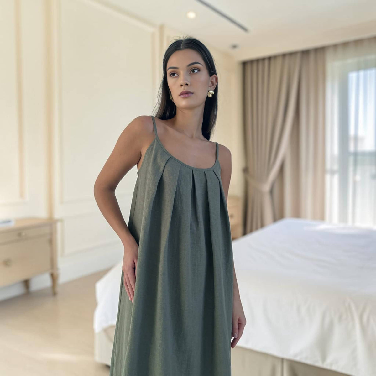 Spaghetti Strap Linen Maxi Dress, Pleated A Line