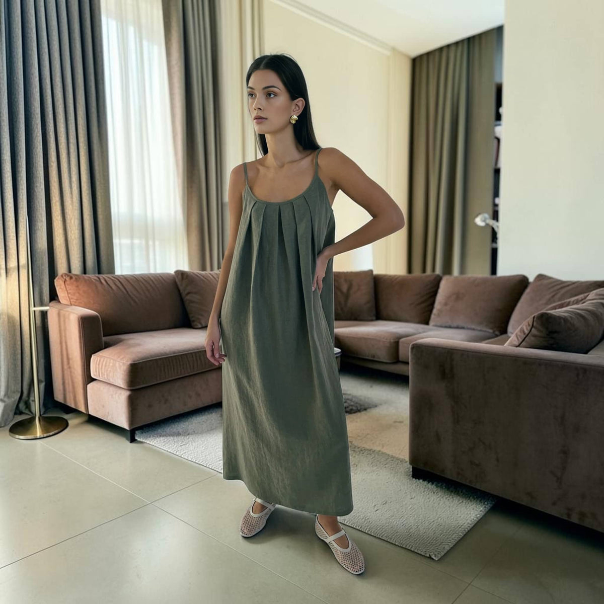 Spaghetti Strap Linen Maxi Dress, Pleated A Line