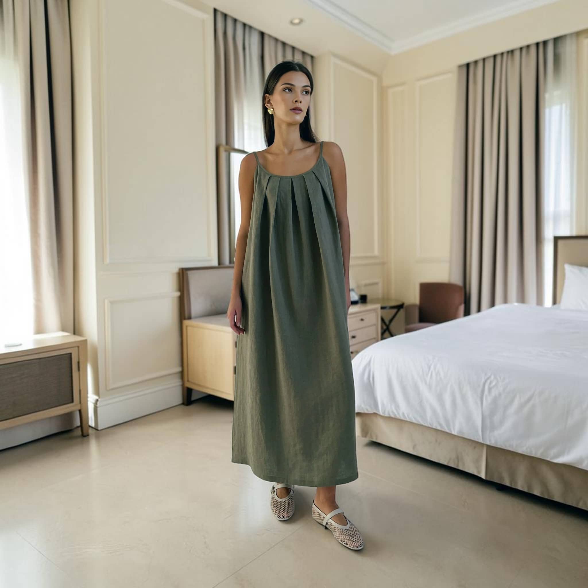 Spaghetti Strap Linen Maxi Dress, Pleated A Line