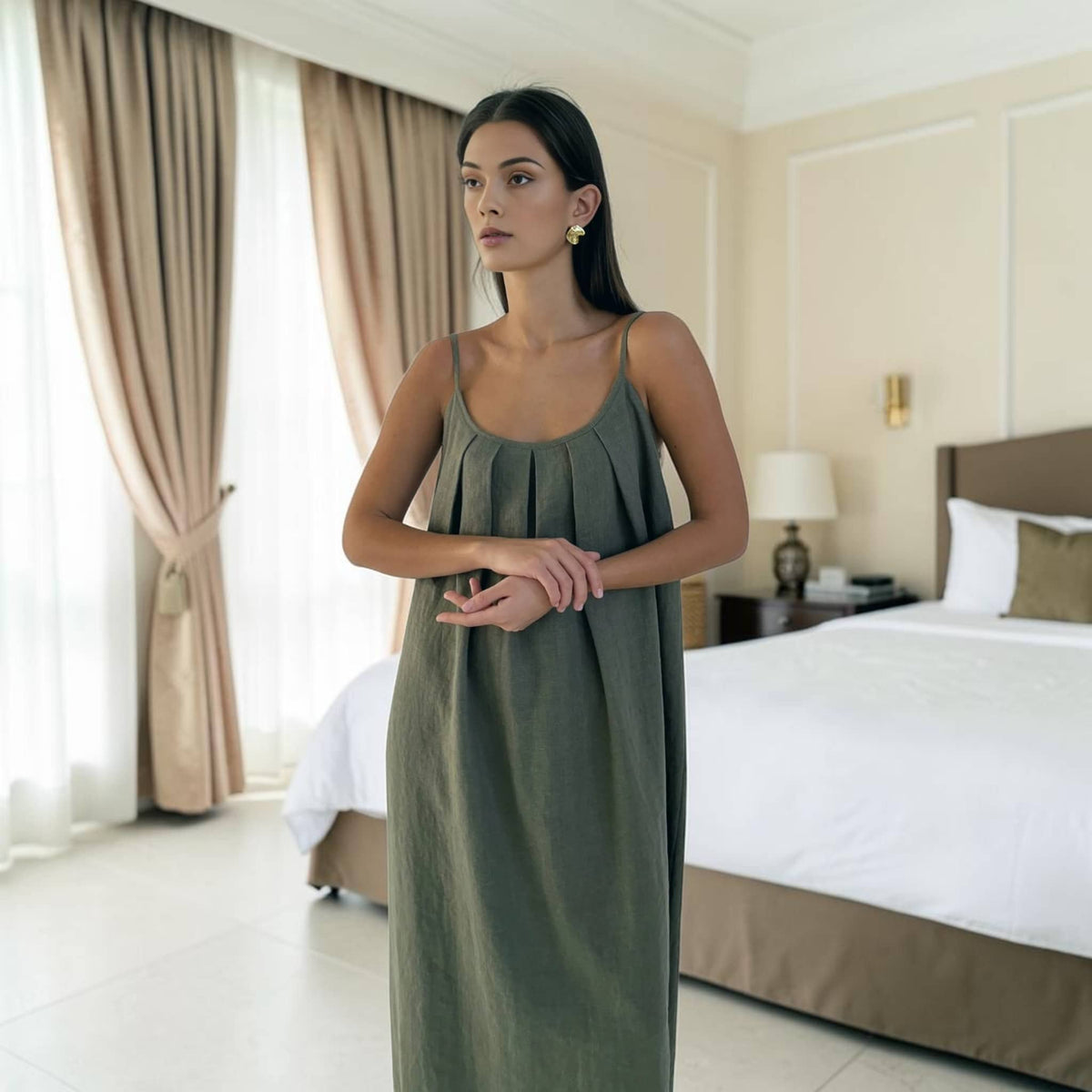 Spaghetti Strap Linen Maxi Dress, Pleated A Line