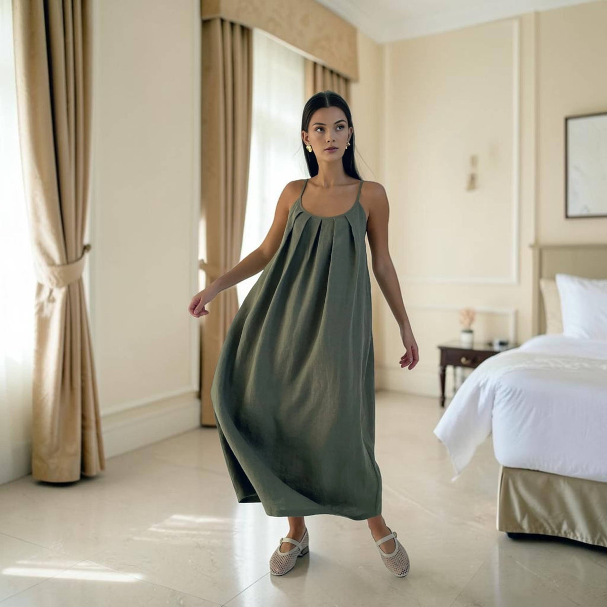 Spaghetti Strap Linen Maxi Dress, Pleated A Line