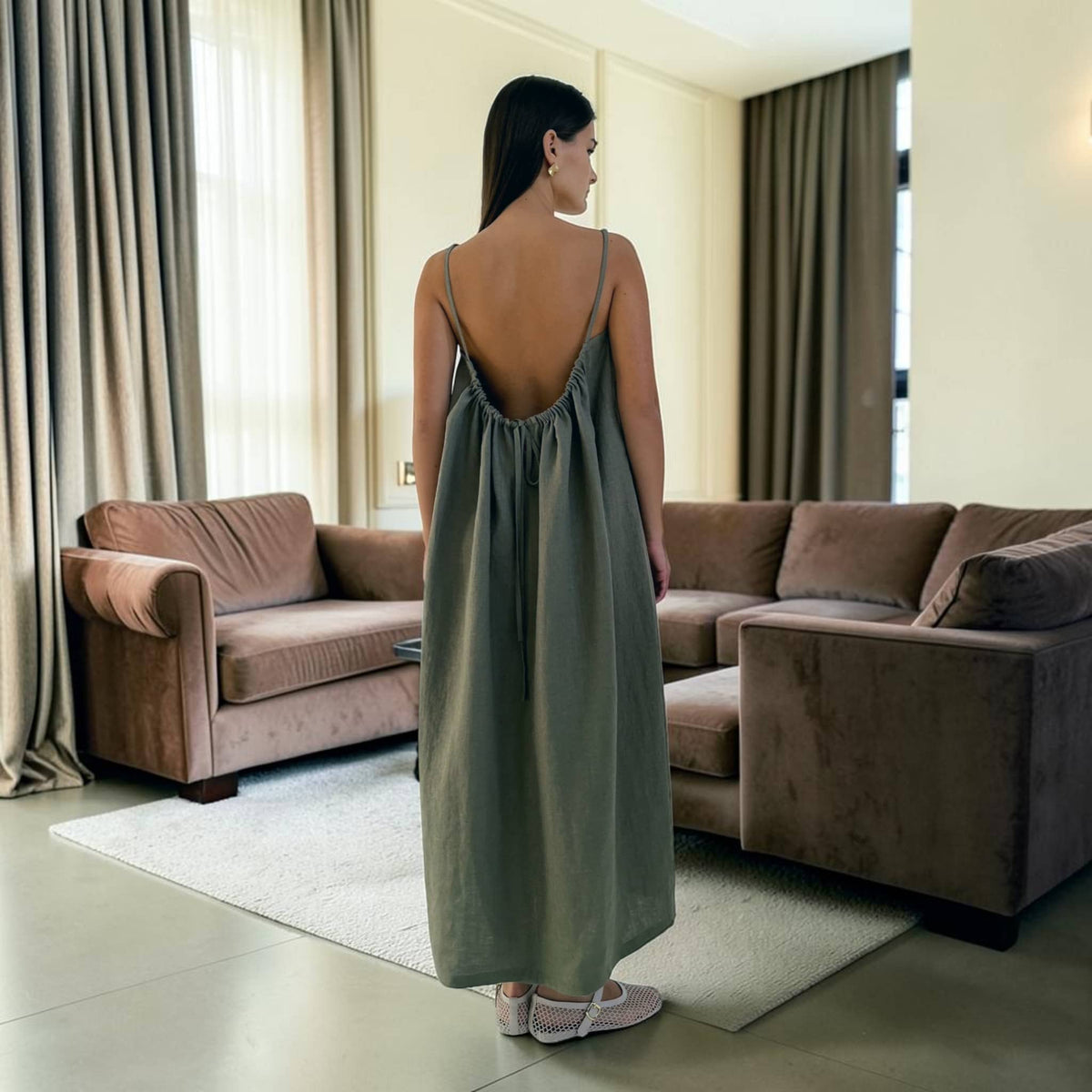 Spaghetti Strap Linen Maxi Dress, Pleated A Line