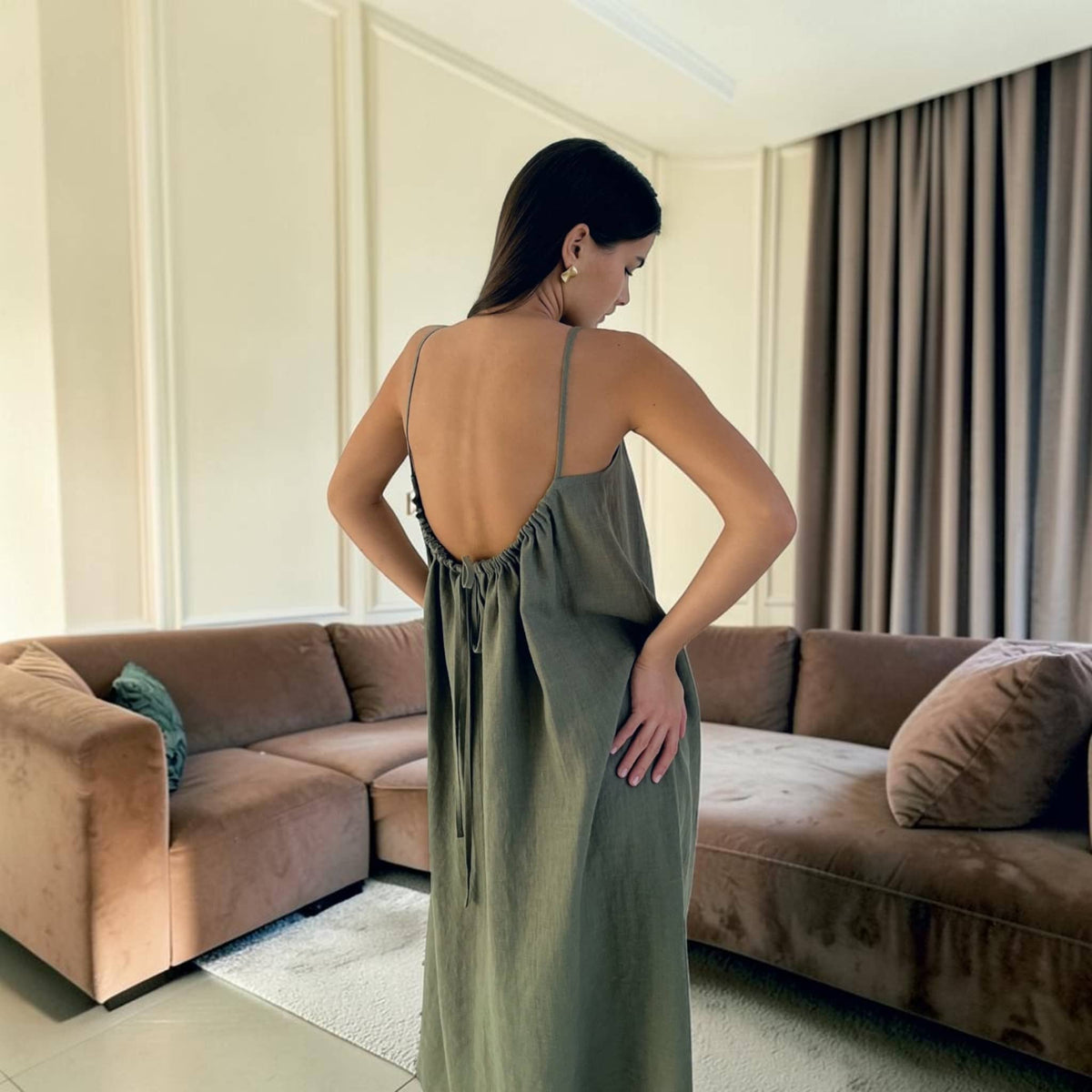 Spaghetti Strap Linen Maxi Dress, Pleated A Line