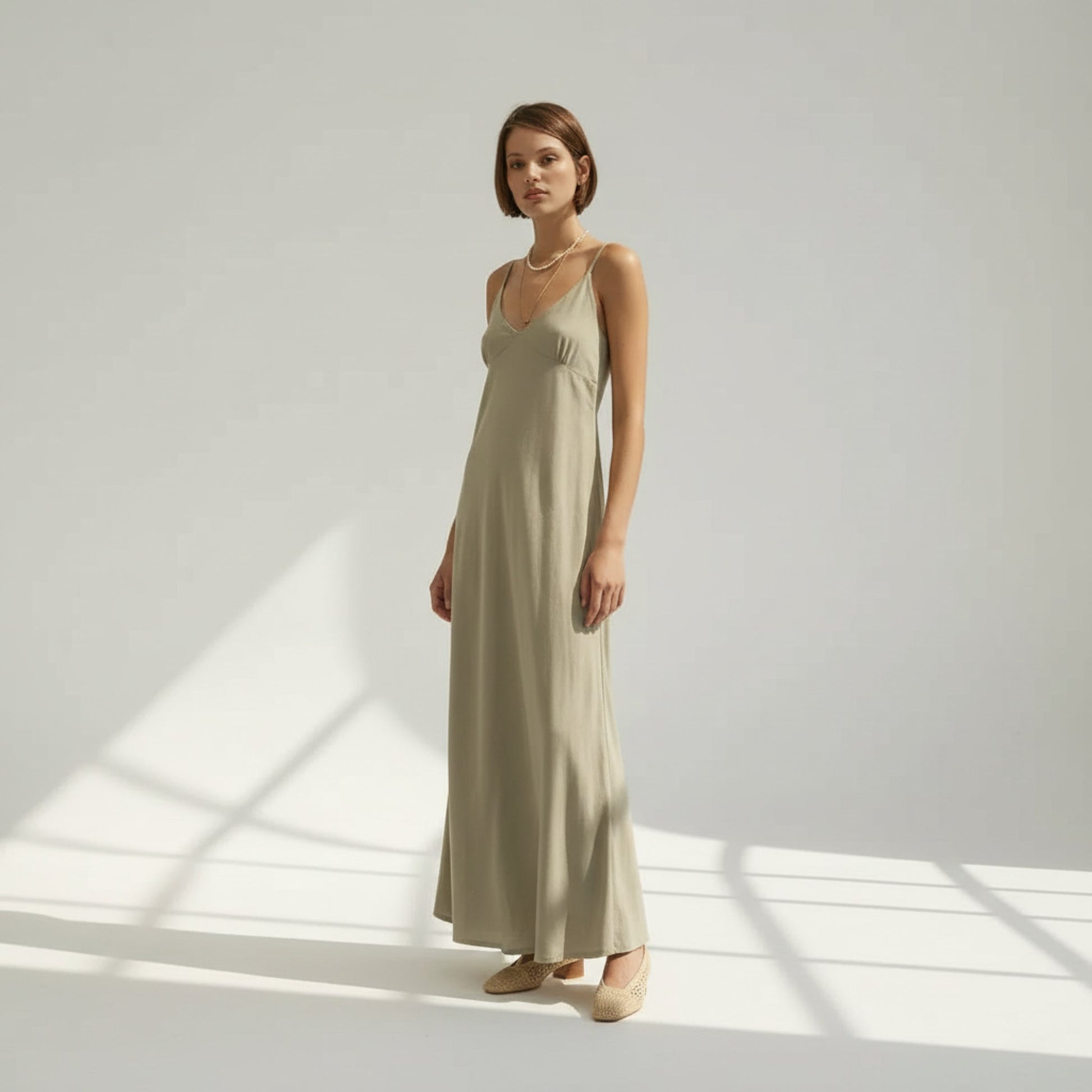 Spaghetti Strap Linen Maxi Dress, V Neck Empire Waist