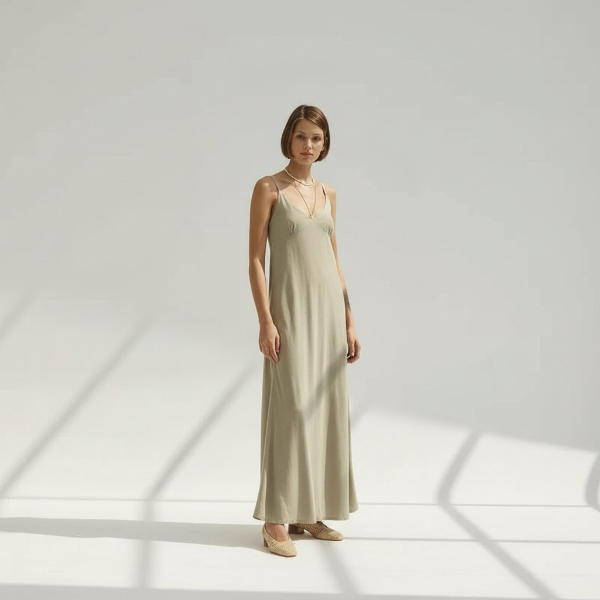 Spaghetti Strap Linen Maxi Dress, V Neck Empire Waist