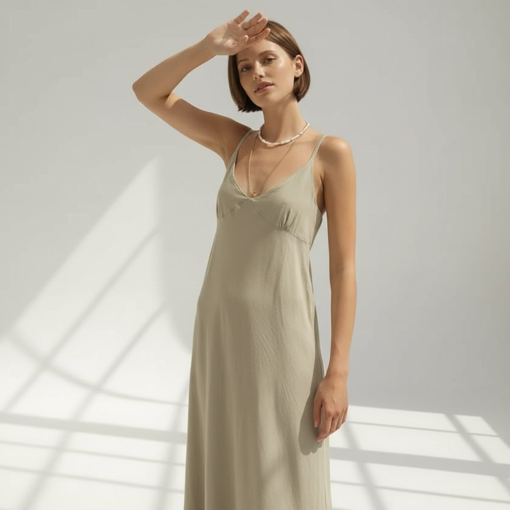 Spaghetti Strap Linen Maxi Dress, V Neck Empire Waist
