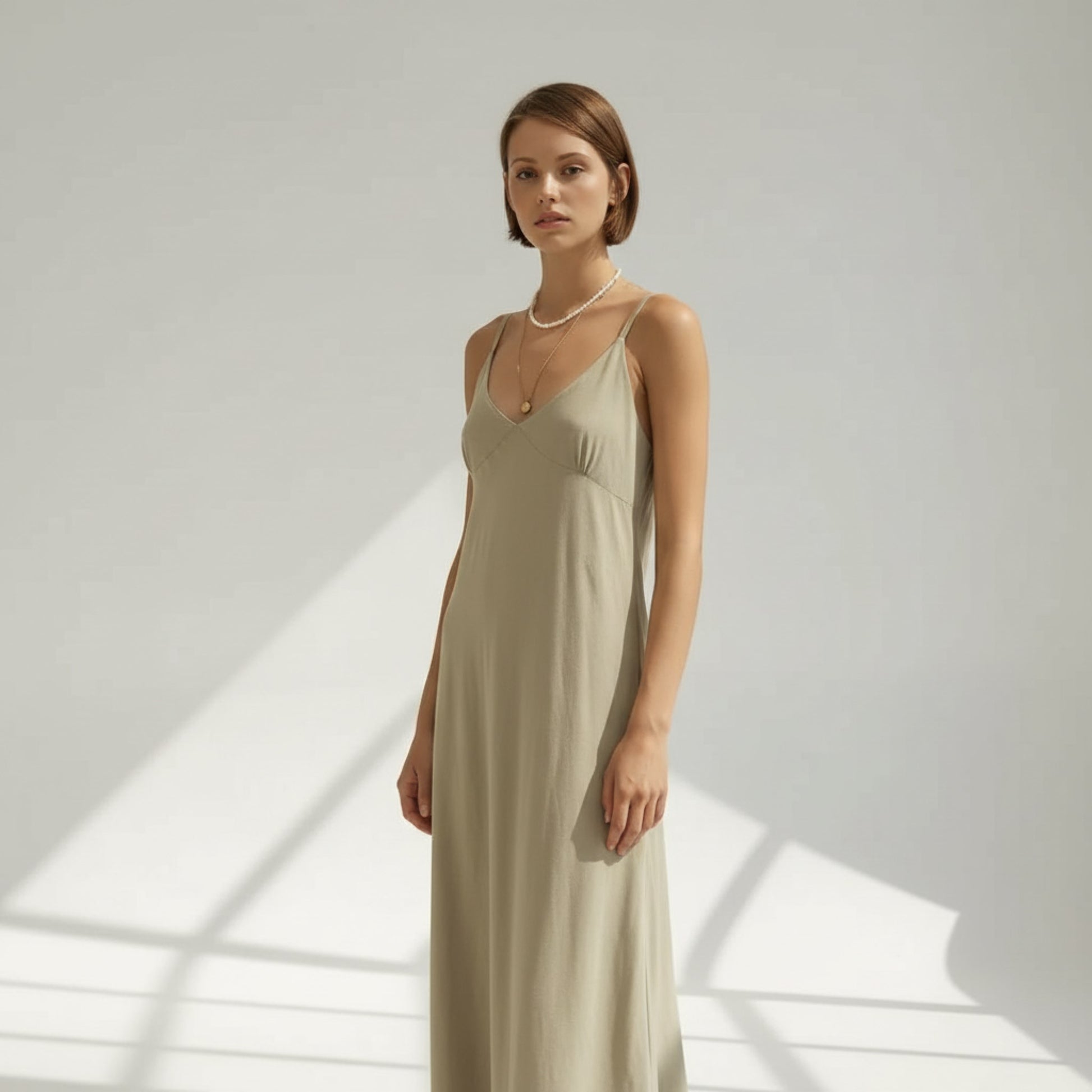 Spaghetti Strap Linen Maxi Dress, V Neck Empire Waist