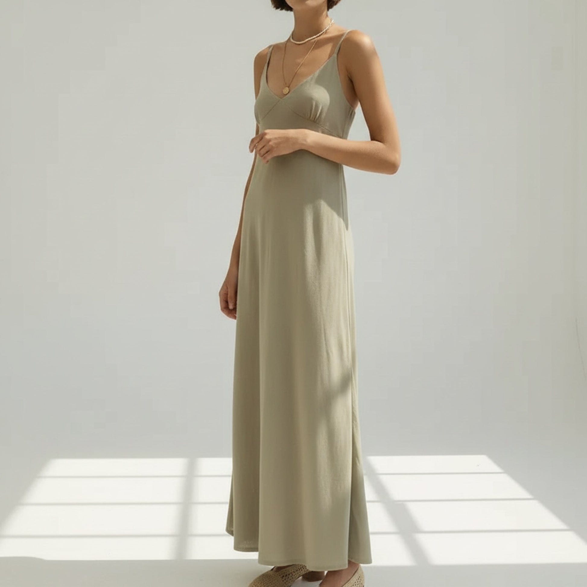 Spaghetti Strap Linen Maxi Dress, V Neck Empire Waist
