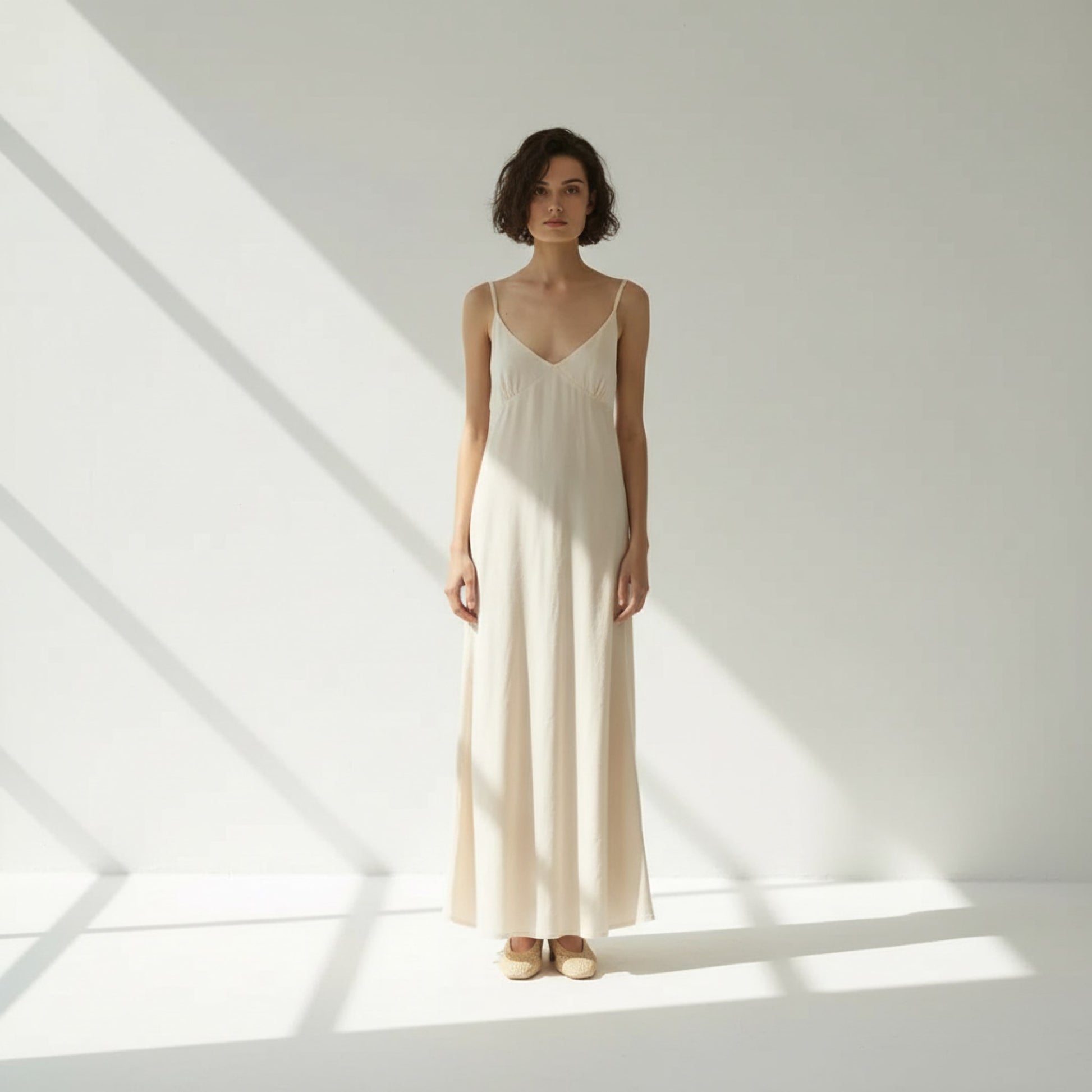 Spaghetti Strap Linen Maxi Dress, V Neck Empire Waist