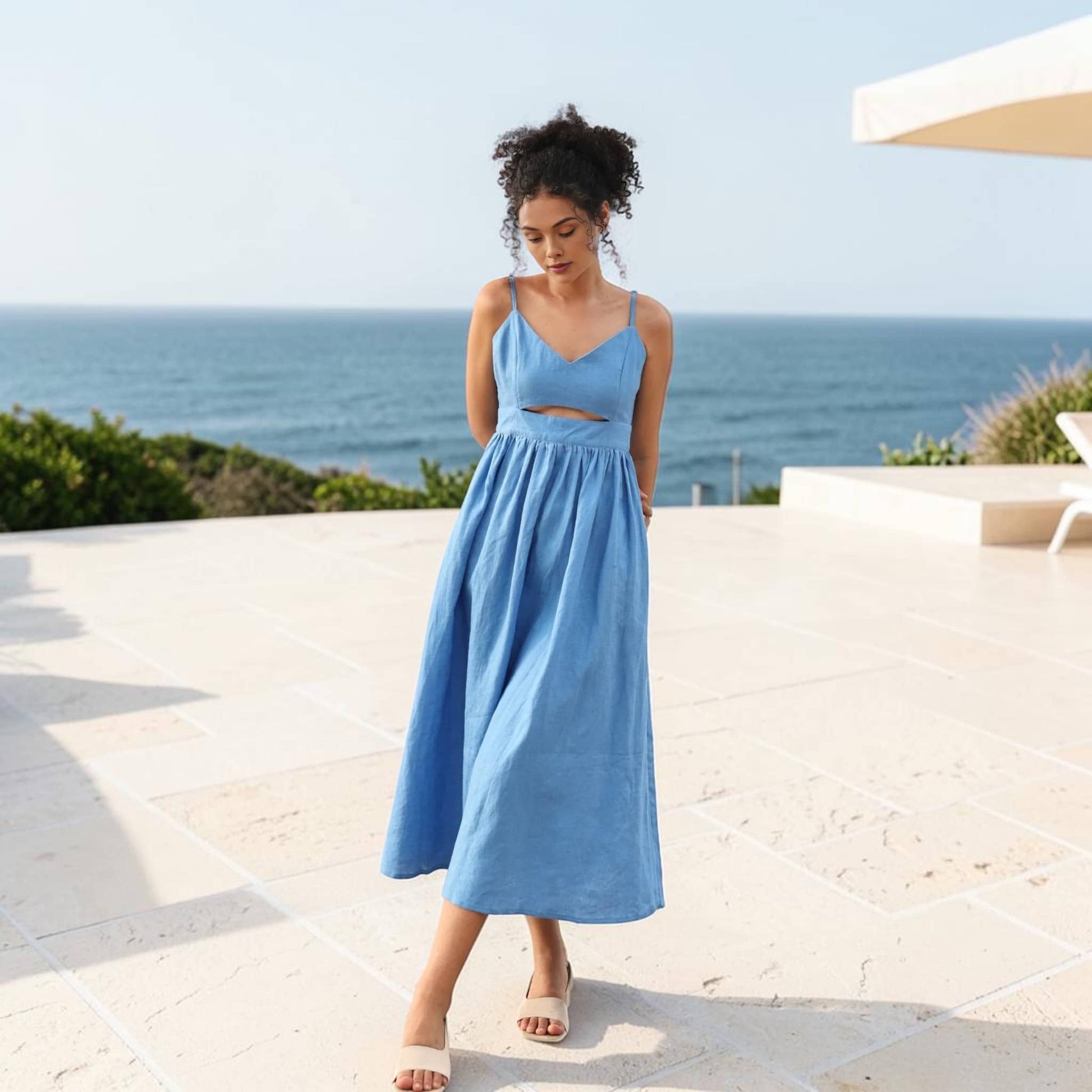 Spaghetti Strap Linen Midi Dress, V Neck Cut-Out