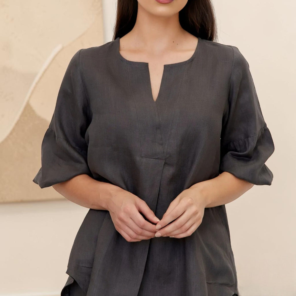 Split Neck Linen Top, Elbow Balloon Sleeve