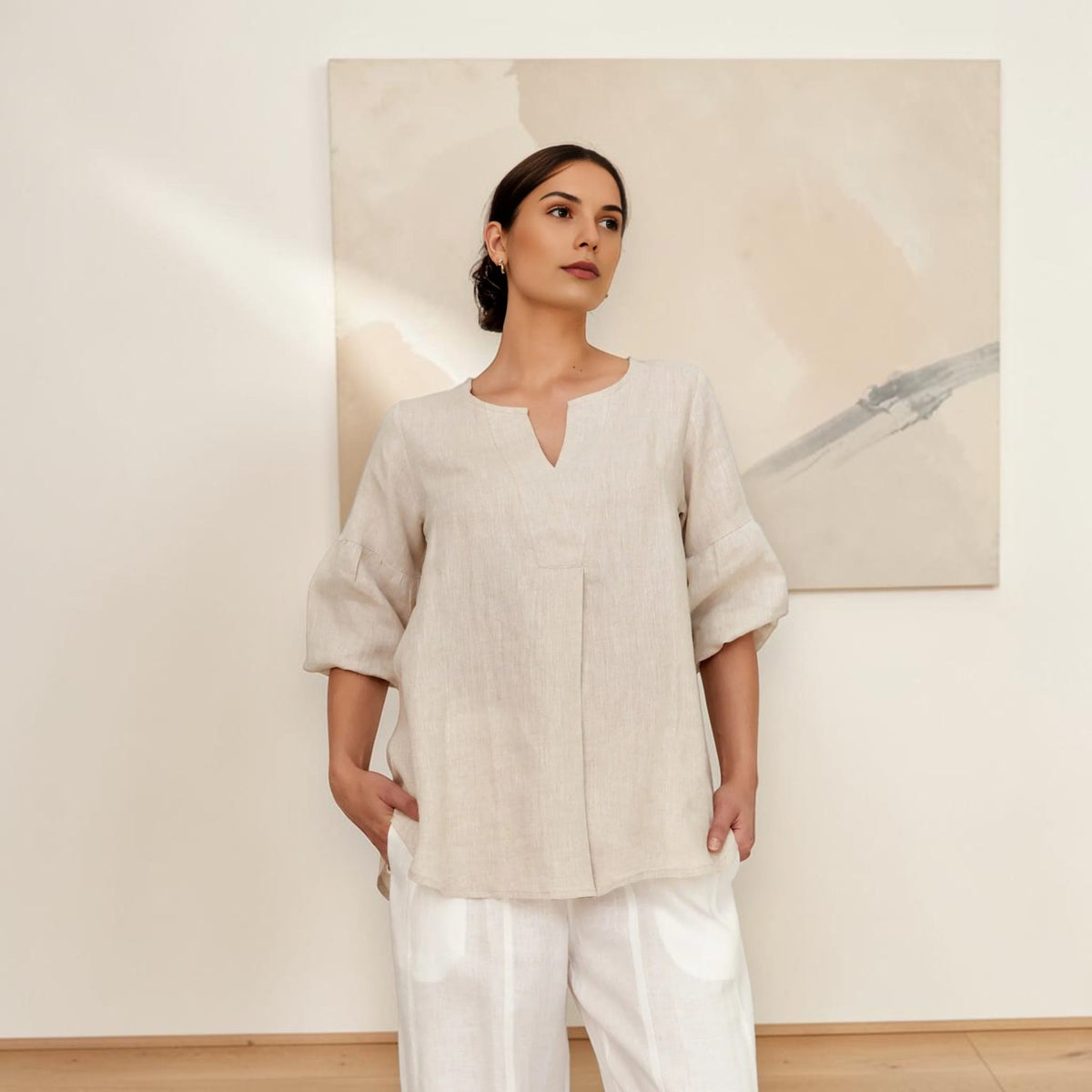 Split Neck Linen Top, Elbow Balloon Sleeve