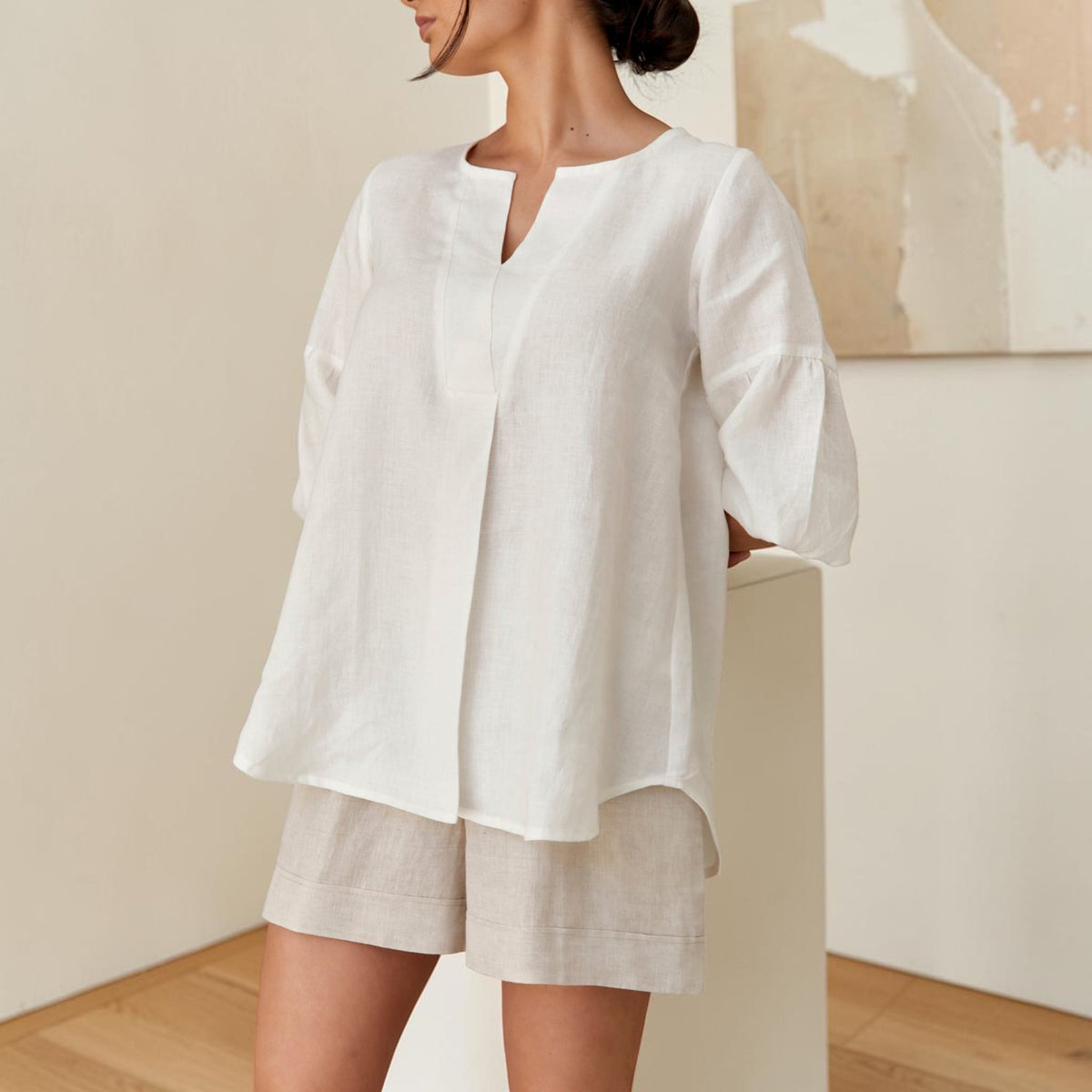 Split Neck Linen Top, Elbow Balloon Sleeve