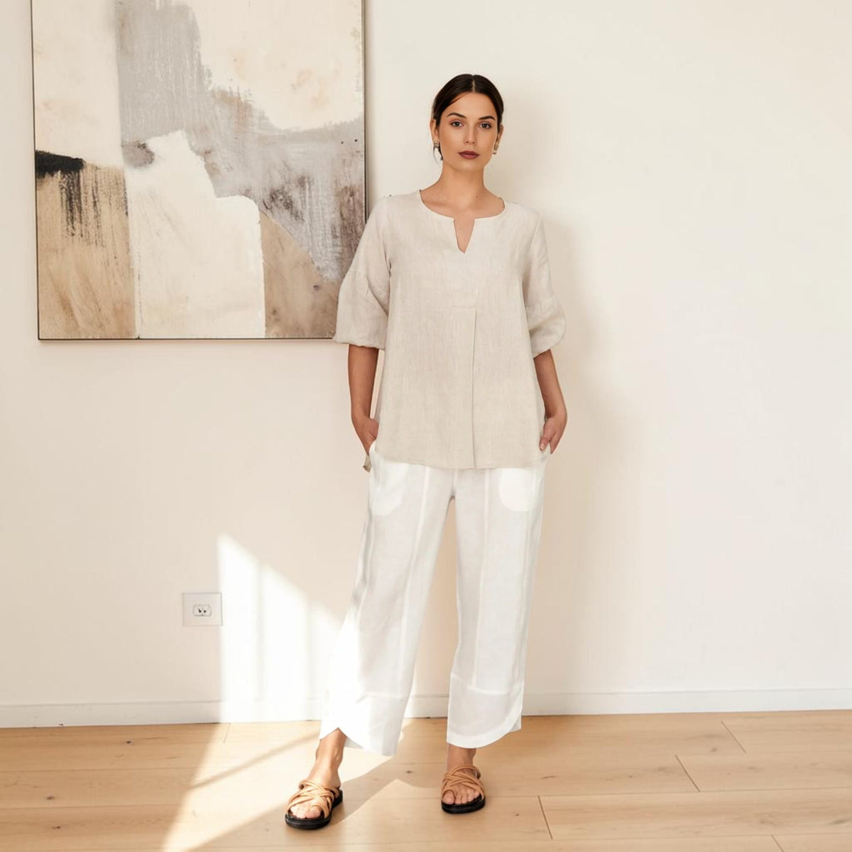 Split Neck Linen Top, Elbow Balloon Sleeve