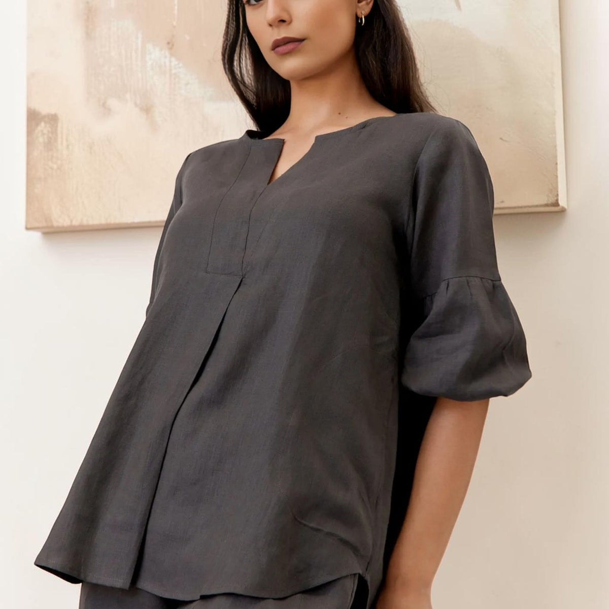 Split Neck Linen Top, Elbow Balloon Sleeve