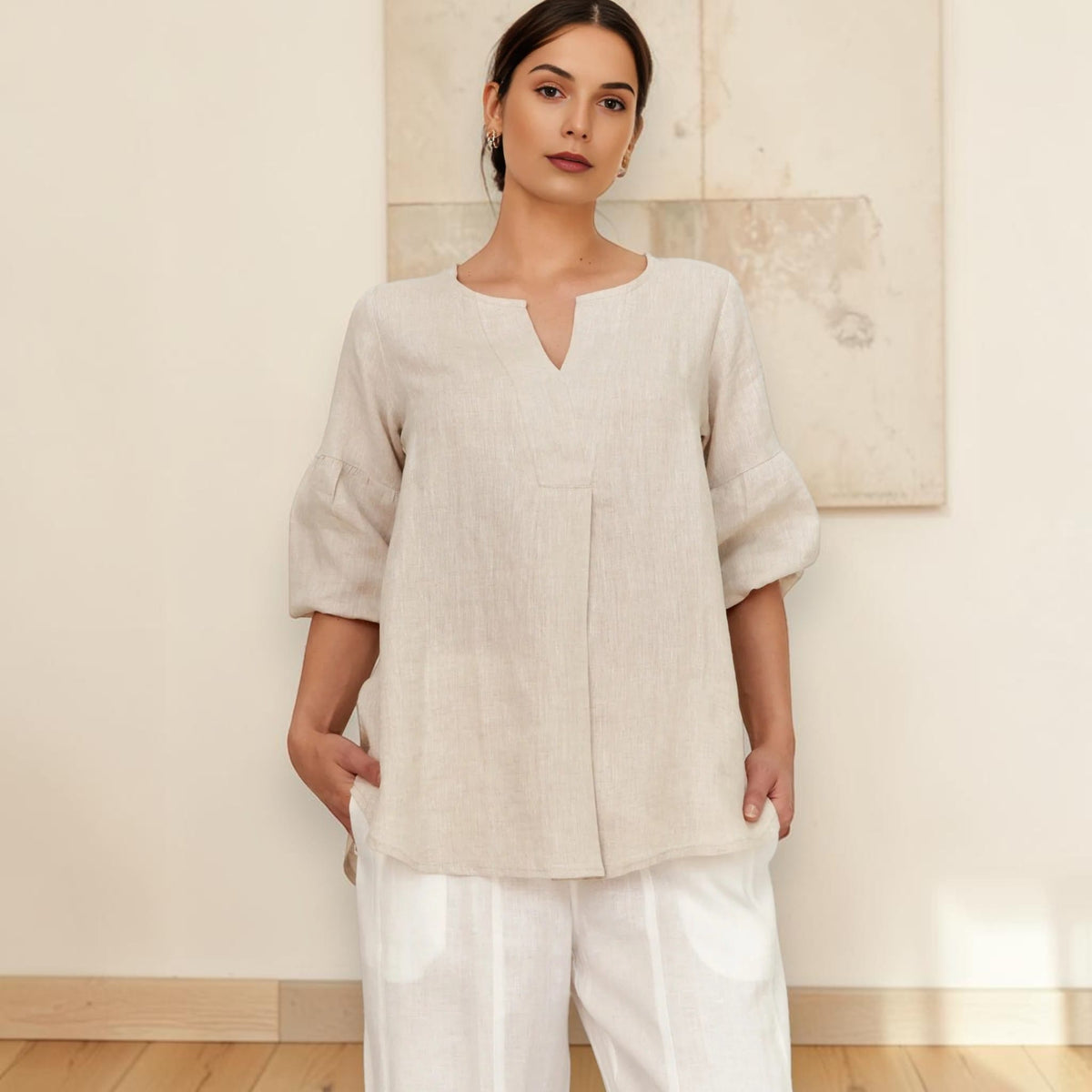 Split Neck Linen Top, Elbow Balloon Sleeve