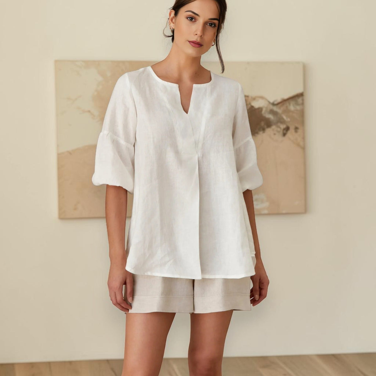 Split Neck Linen Top, Elbow Balloon Sleeve