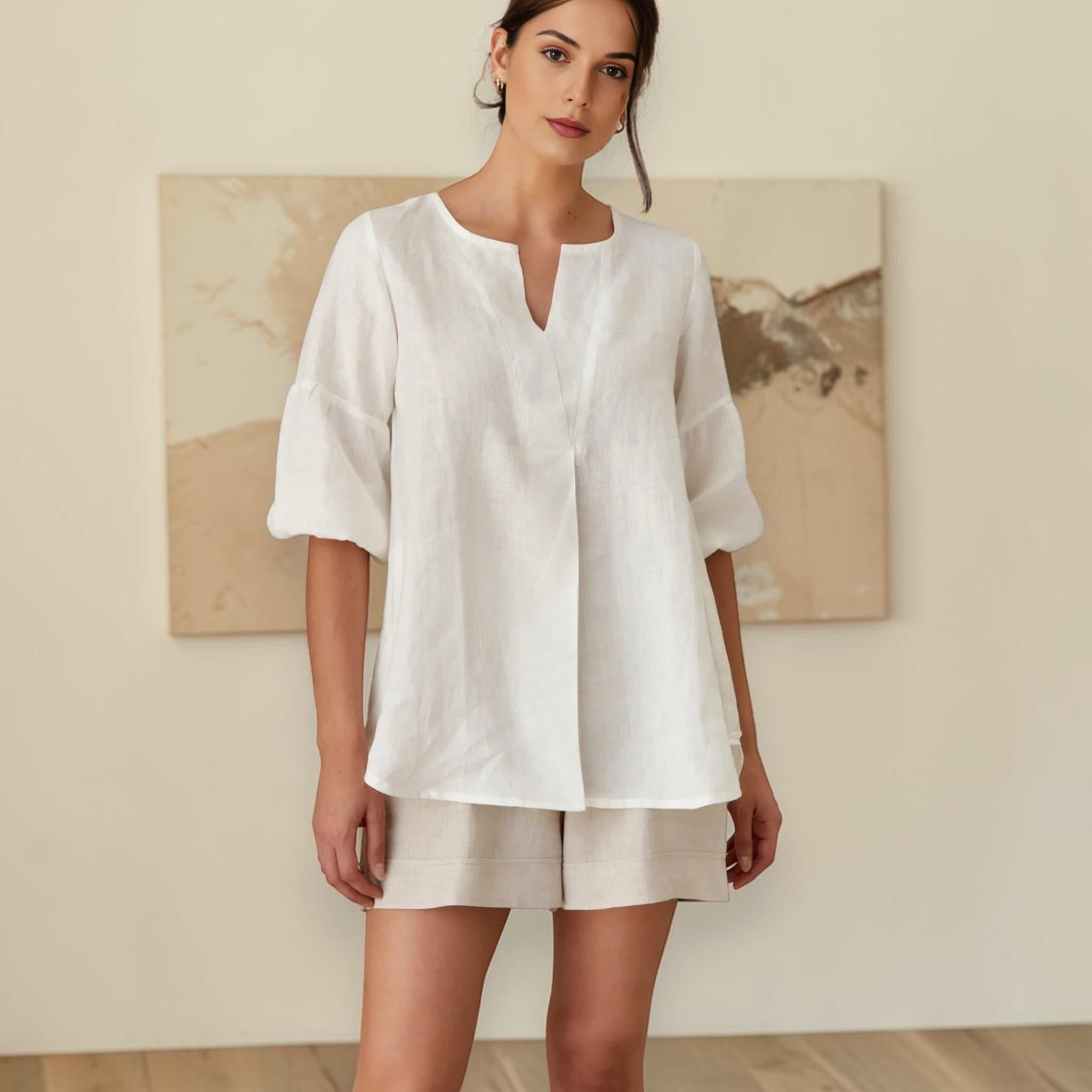 Split Neck Linen Top, Elbow Balloon Sleeve