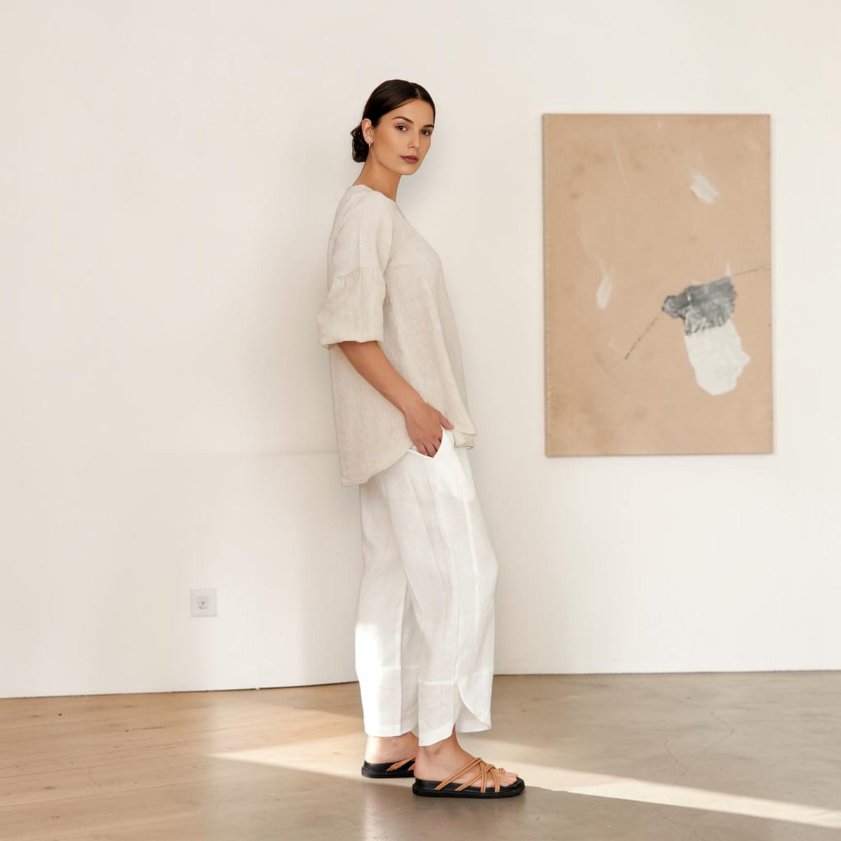 Split Neck Linen Top, Elbow Balloon Sleeve