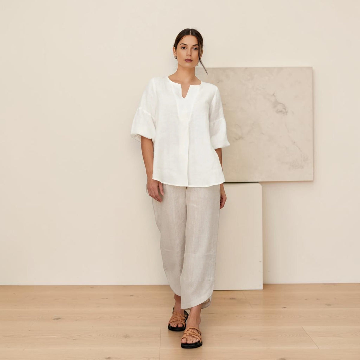 Split Neck Linen Top, Elbow Balloon Sleeve