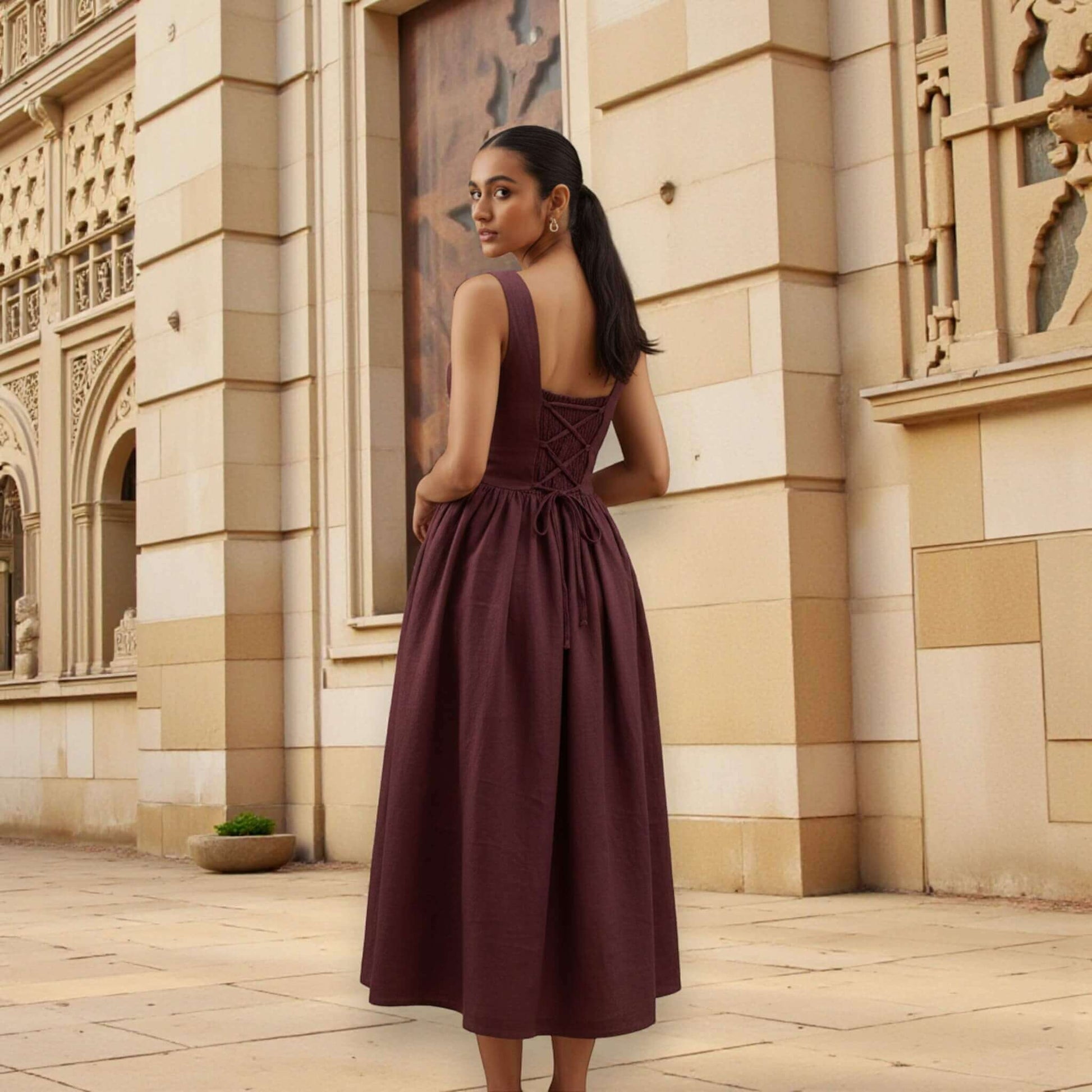 Square Neck Linen Dress, Tie Back Linen Midi Dress