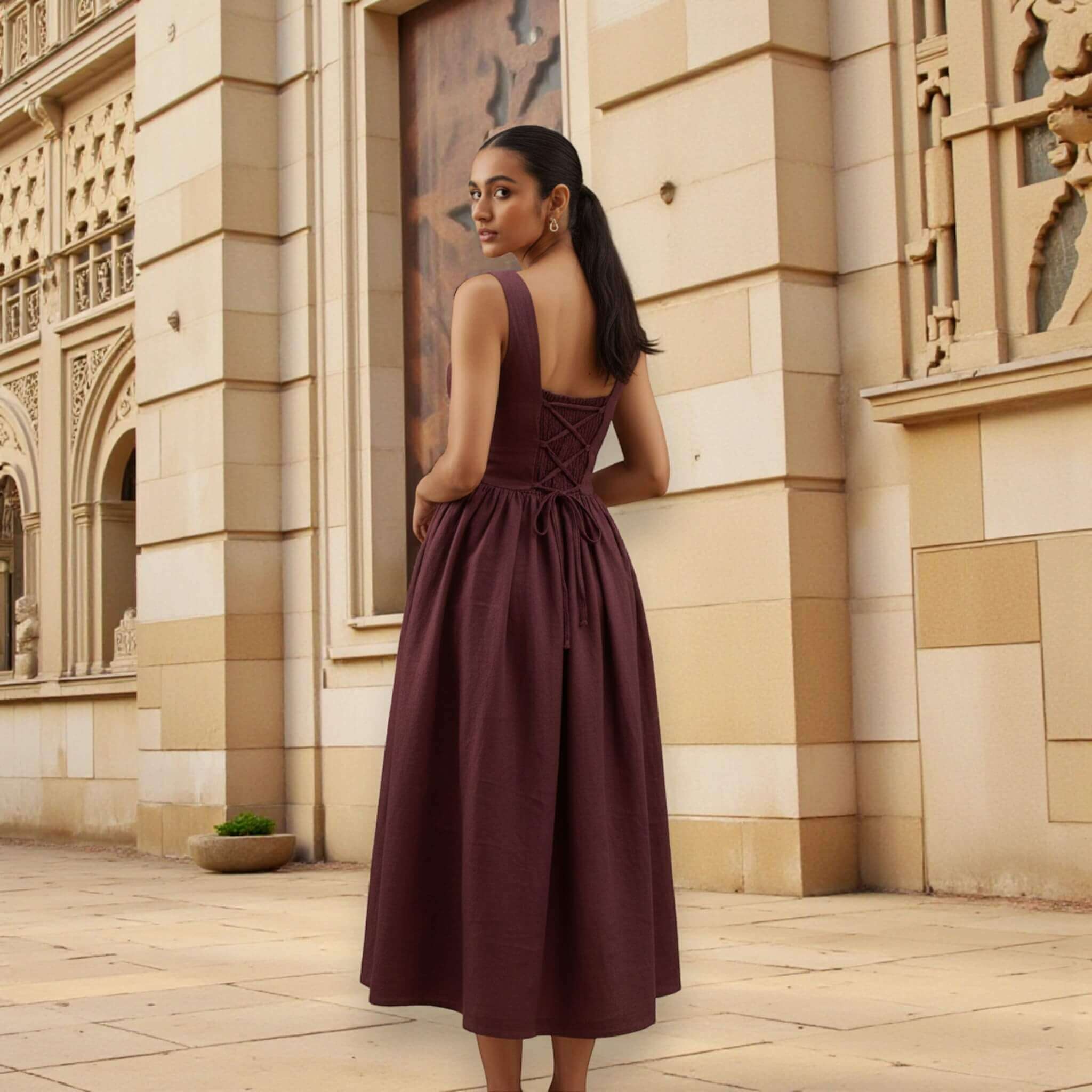 Square Neck Linen Dress, Tie Back Linen Midi Dress