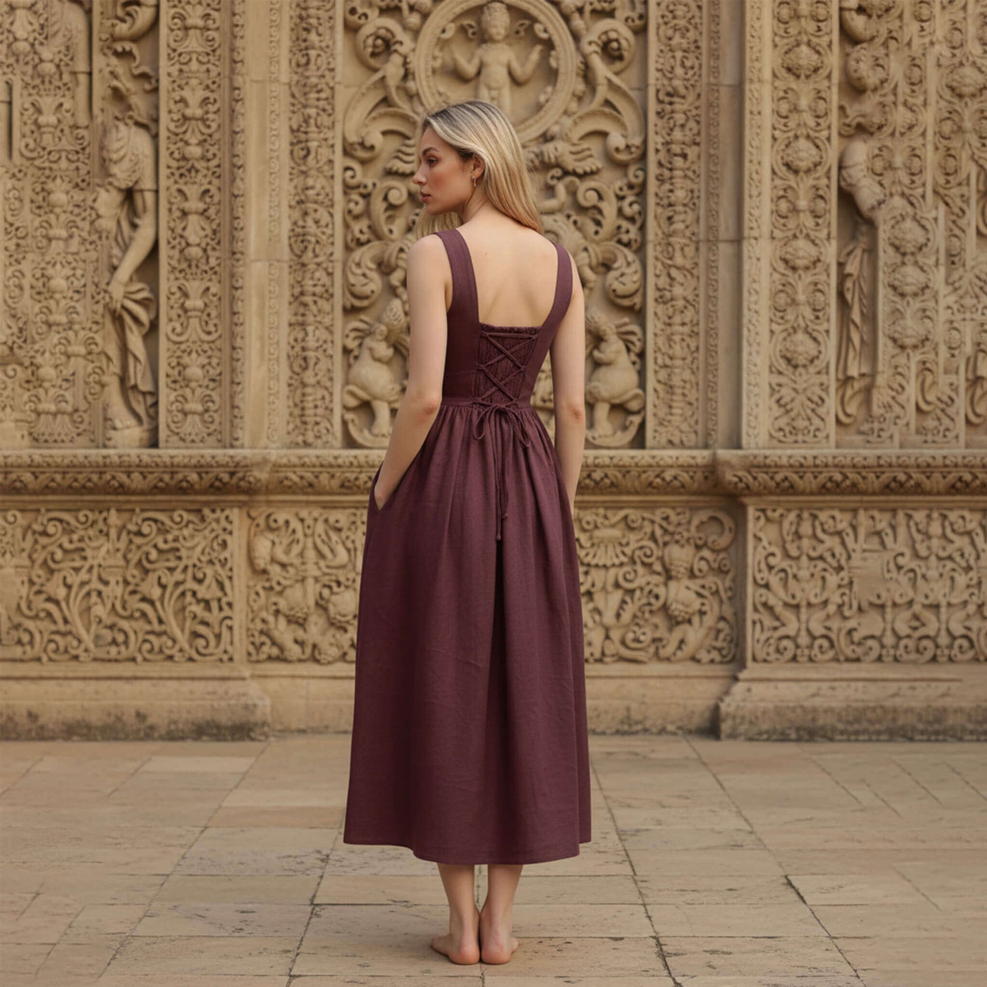 Square Neck Linen Dress, Tie Back Linen Midi Dress