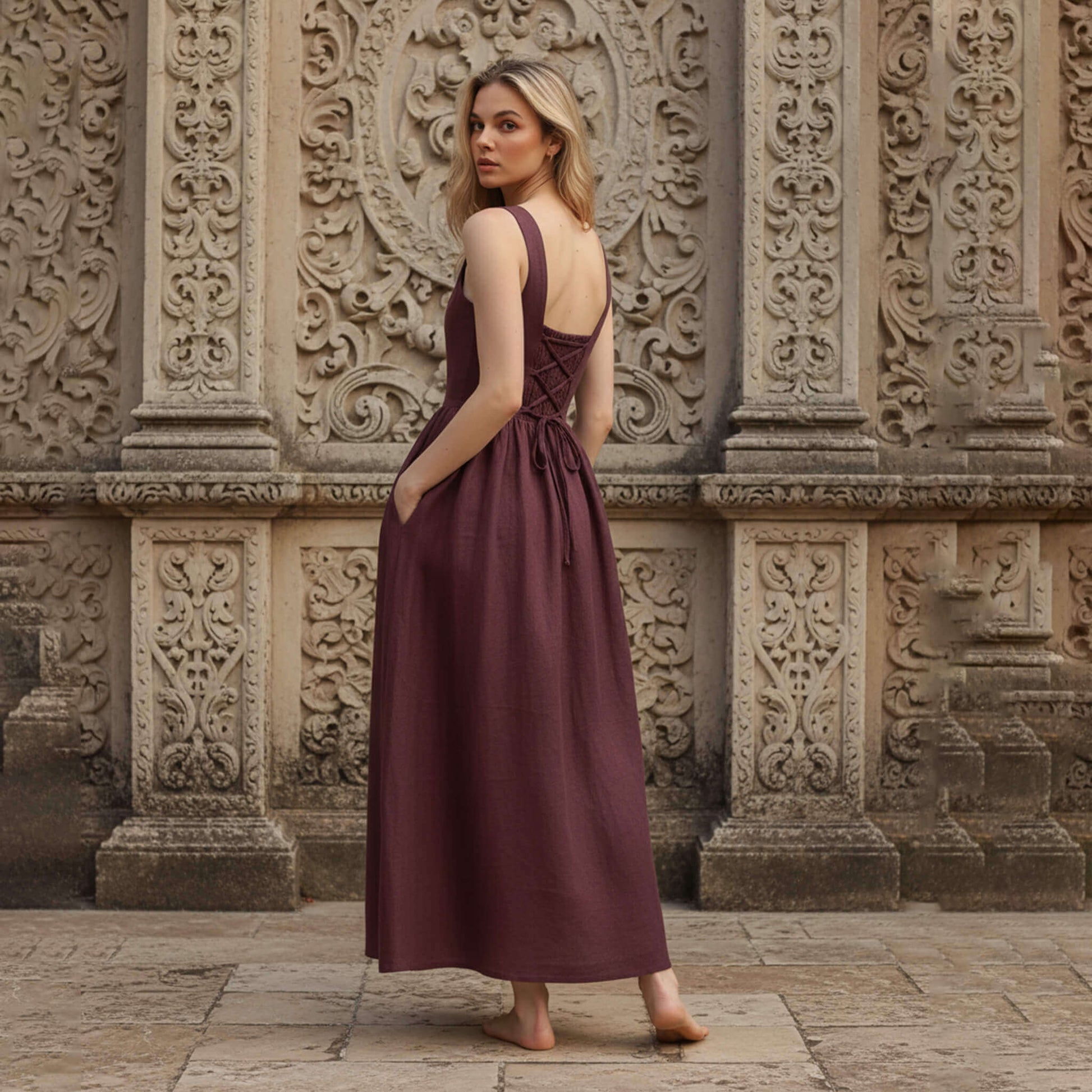 Square Neck Linen Dress, Tie Back Linen Midi Dress