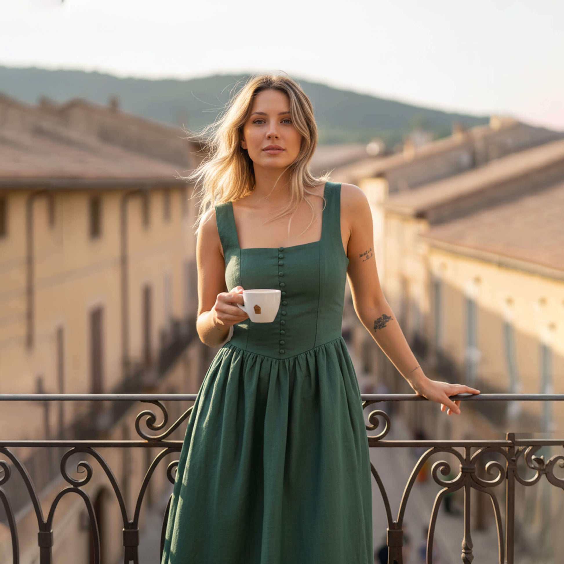 Square Neck Linen Dress, Tie Back Linen Midi Dress