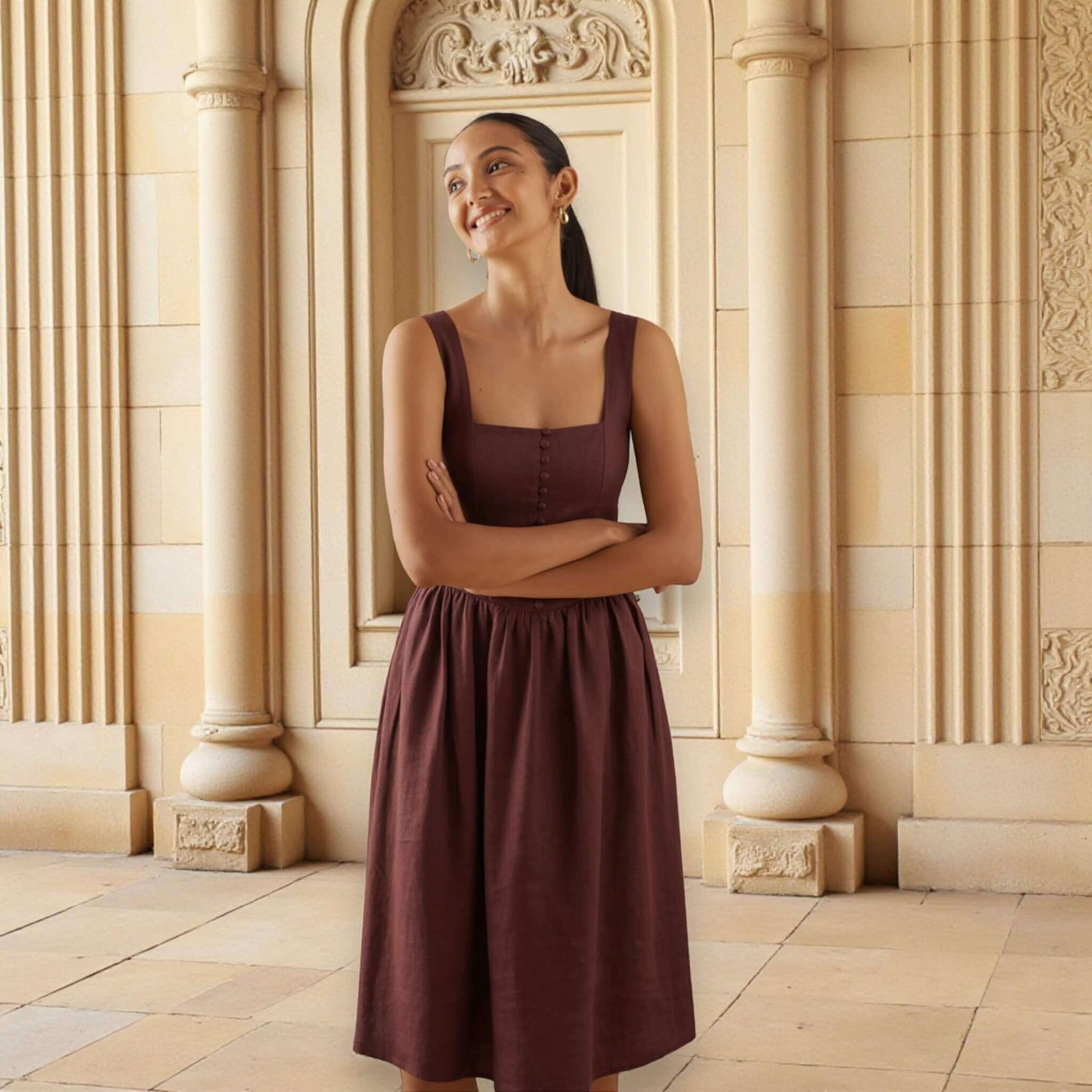 Square Neck Linen Dress, Tie Back Linen Midi Dress