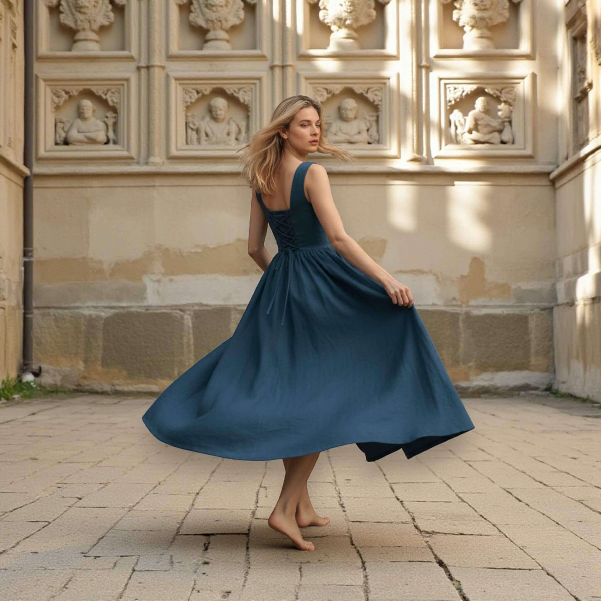 Square Neck Linen Dress, Tie Back Linen Midi Dress