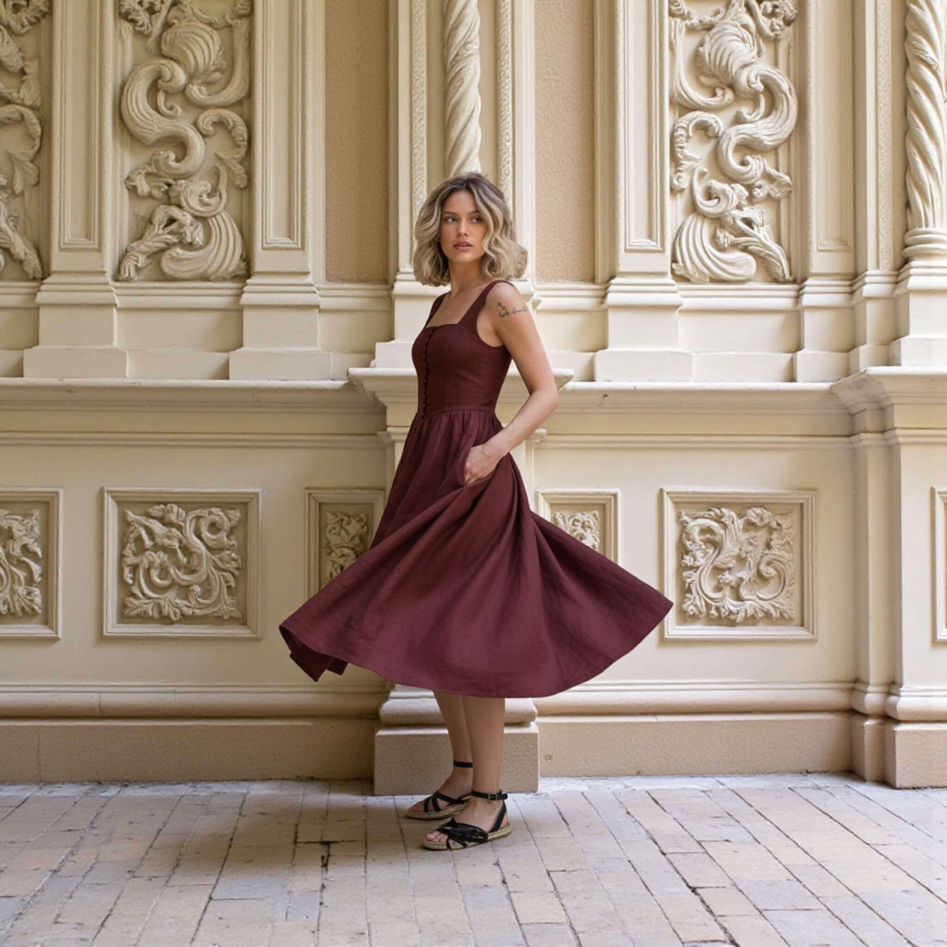 Square Neck Linen Dress, Tie Back Linen Midi Dress