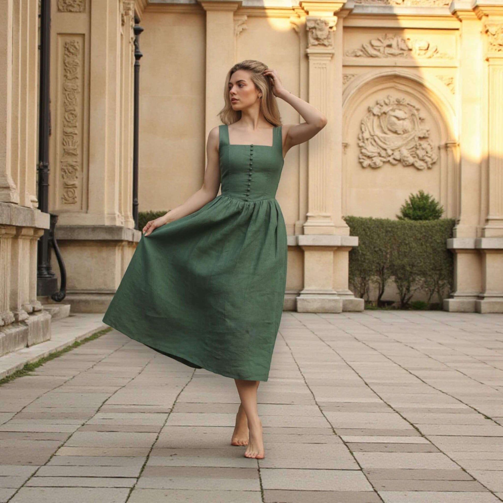 Square Neck Linen Dress, Tie Back Linen Midi Dress