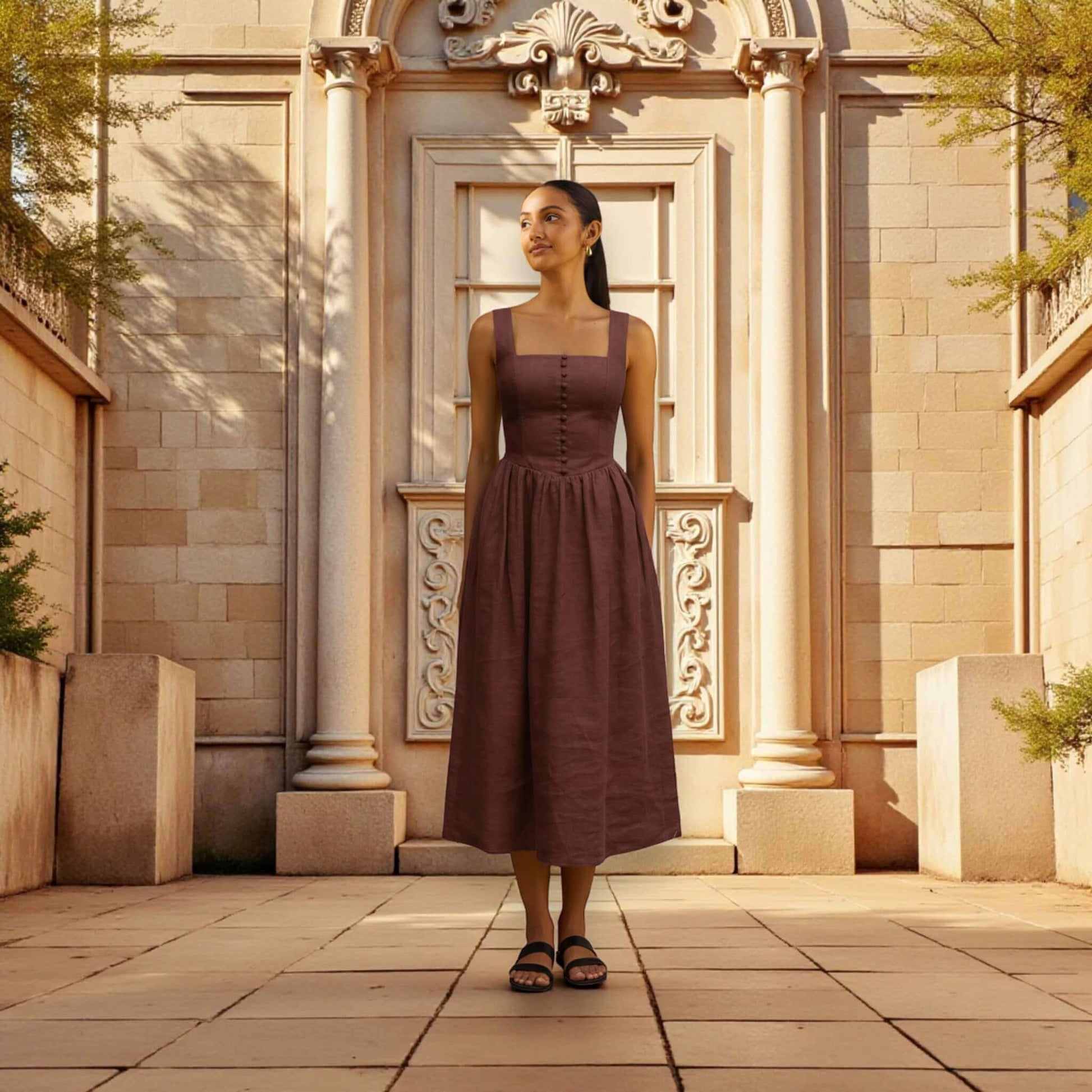 Square Neck Linen Dress, Tie Back Linen Midi Dress