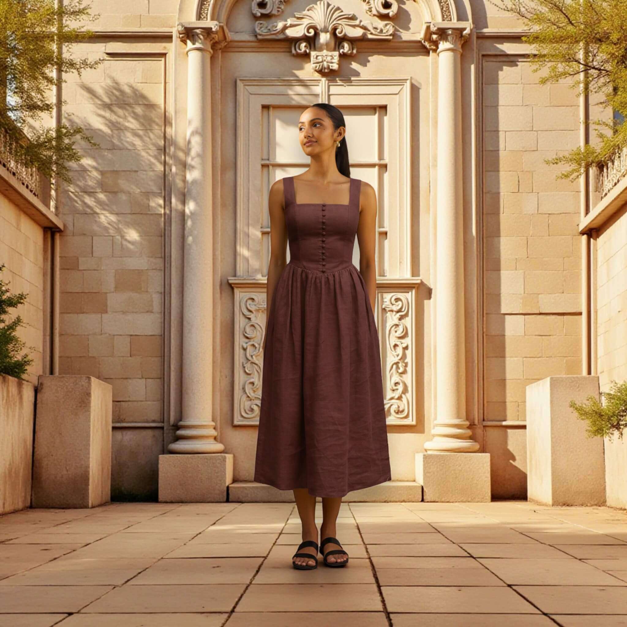 Square Neck Linen Dress, Tie Back Linen Midi Dress