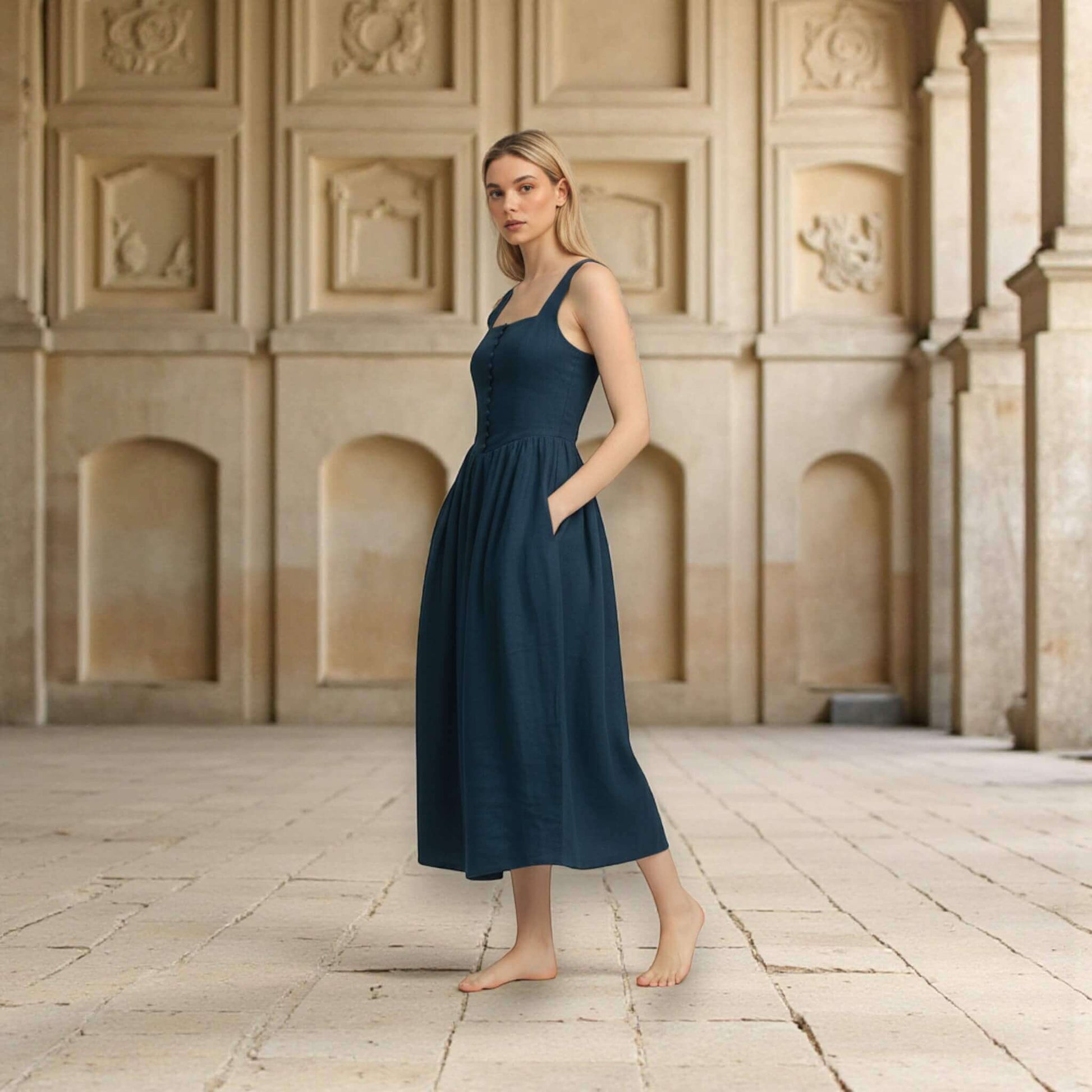 Square Neck Linen Dress, Tie Back Linen Midi Dress