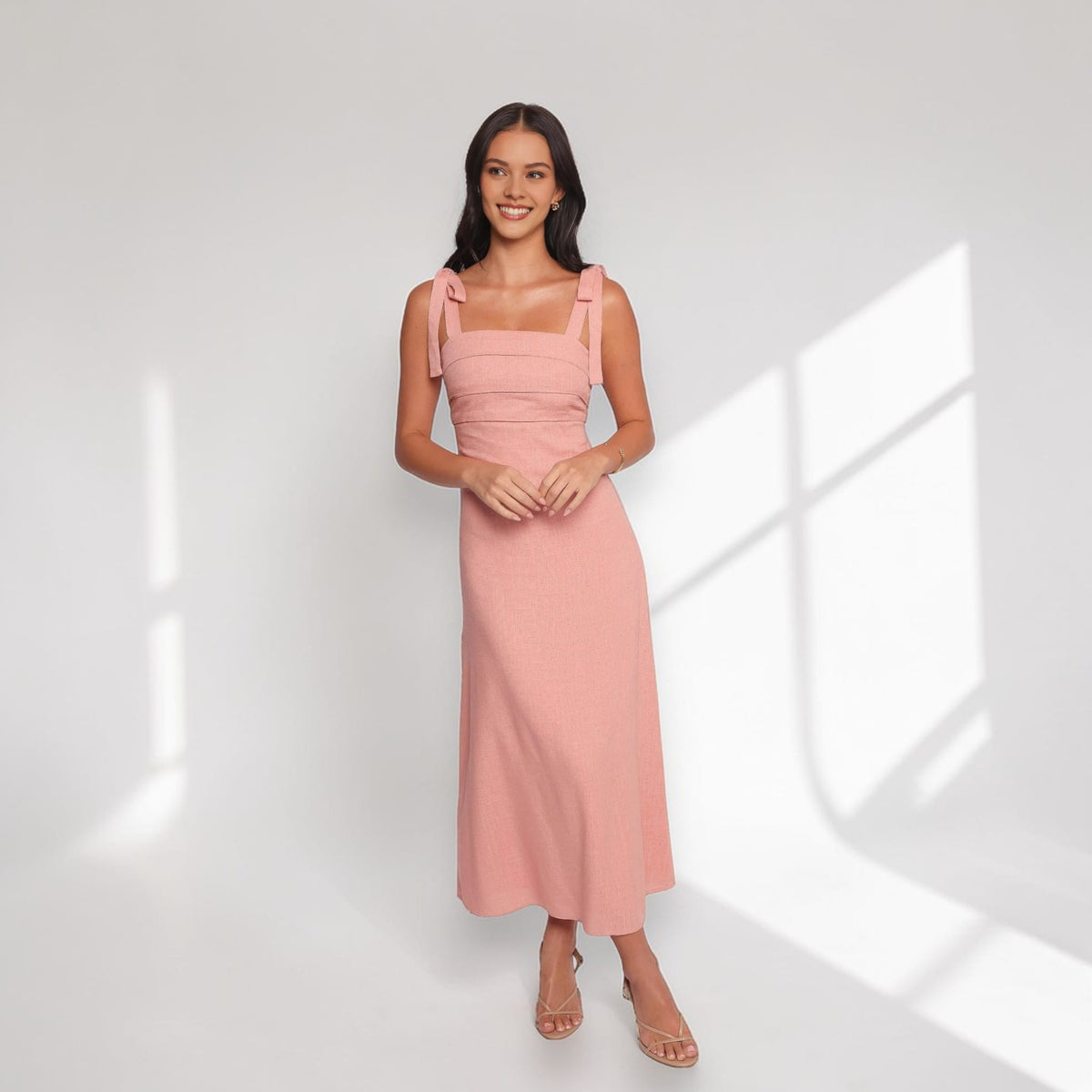 Square Neck Linen Maxi Dress, Tie Shoulder Maxi Dress