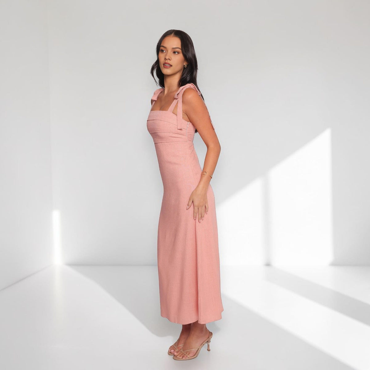Square Neck Linen Maxi Dress, Tie Shoulder Maxi Dress