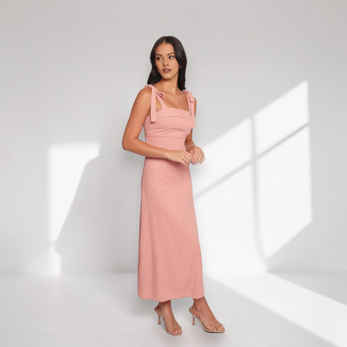 Square Neck Linen Maxi Dress, Tie Shoulder Maxi Dress