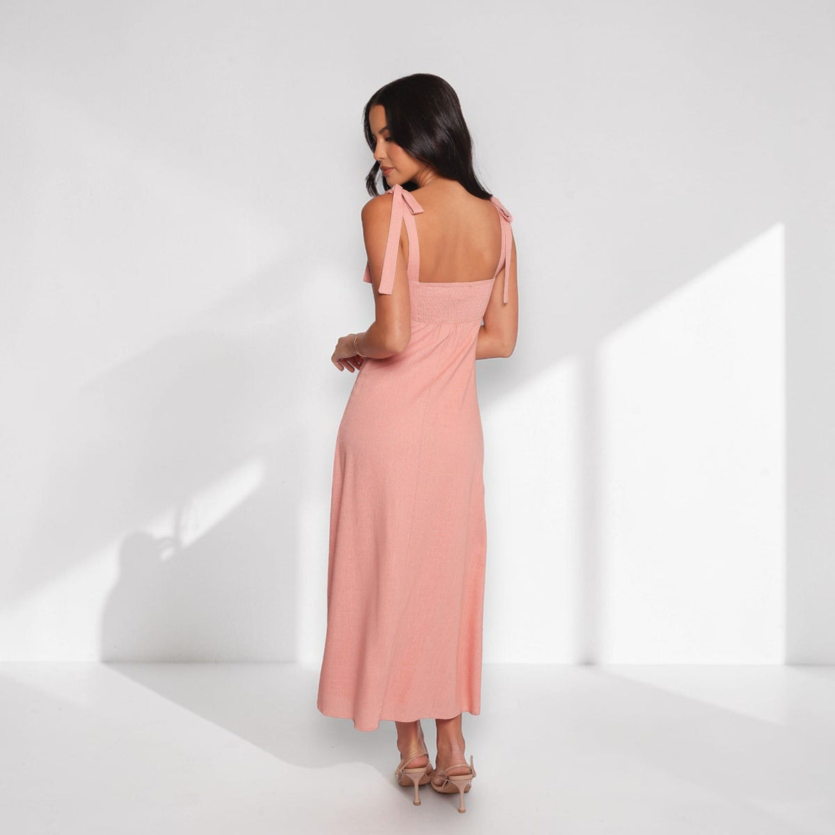Square Neck Linen Maxi Dress, Tie Shoulder Maxi Dress