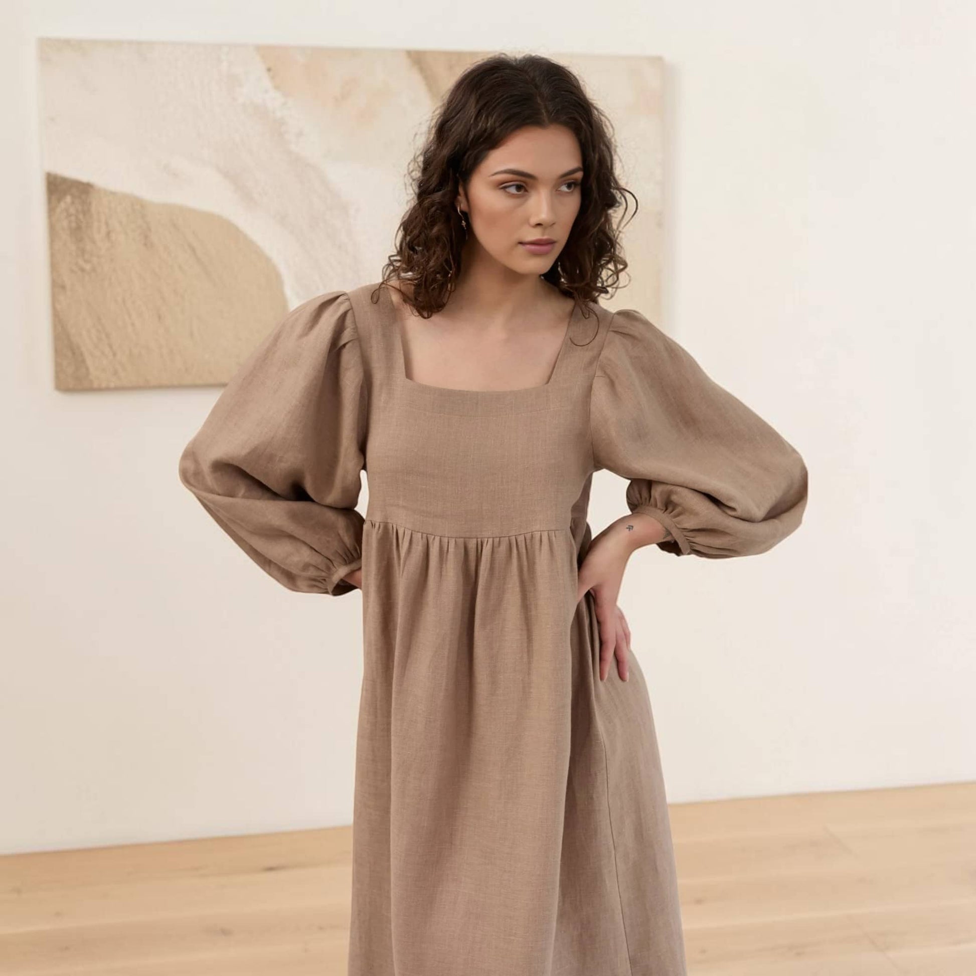 Square Neck Linen Maxi Dress, Long Balloon Sleeve
