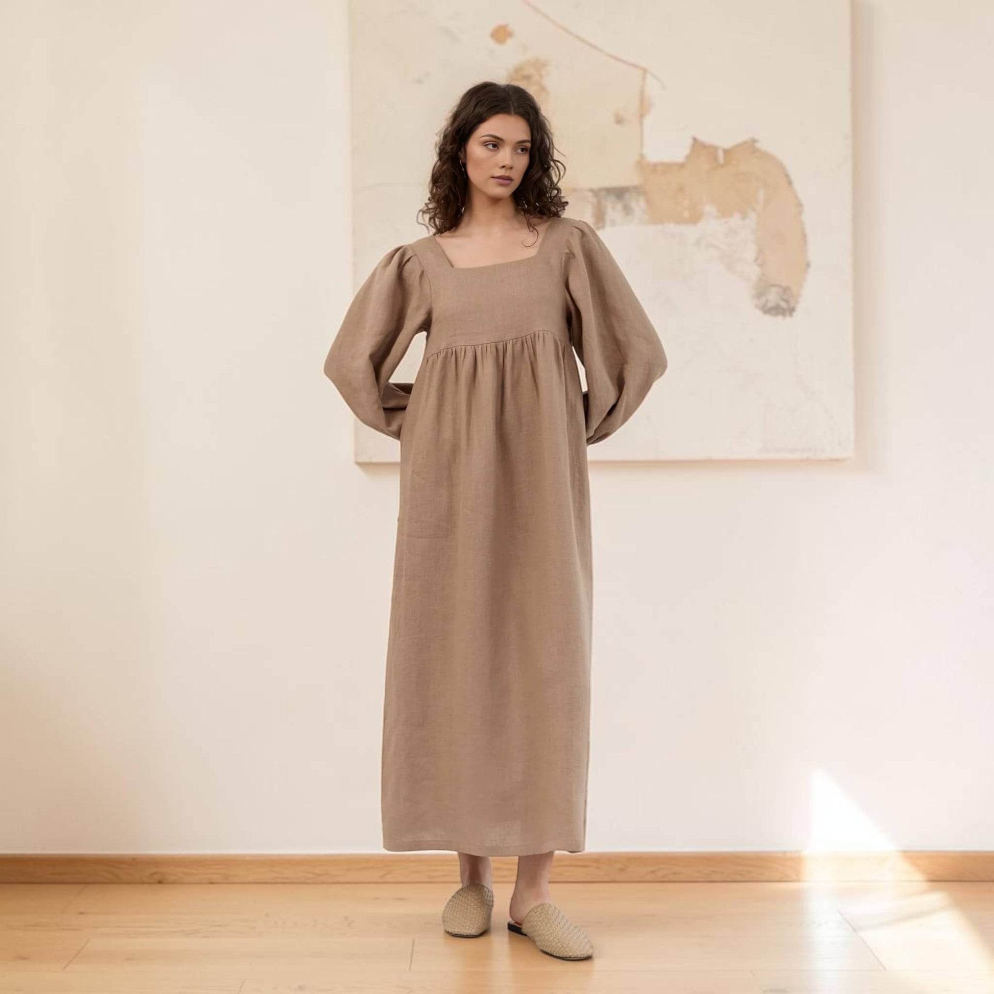 Square Neck Linen Maxi Dress, Long Balloon Sleeve