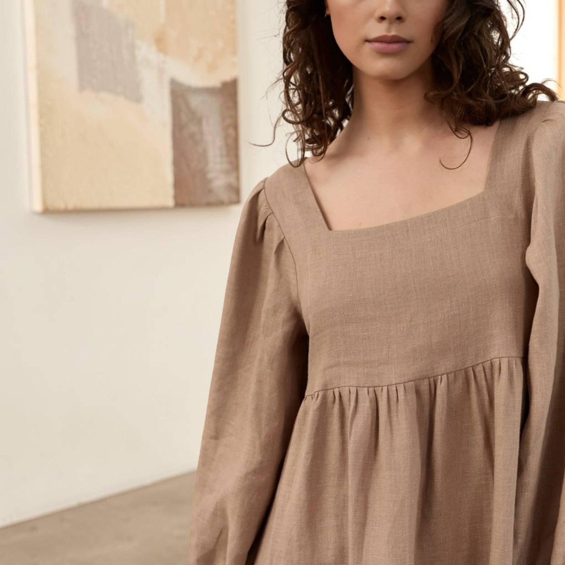 Square Neck Linen Maxi Dress, Long Balloon Sleeve