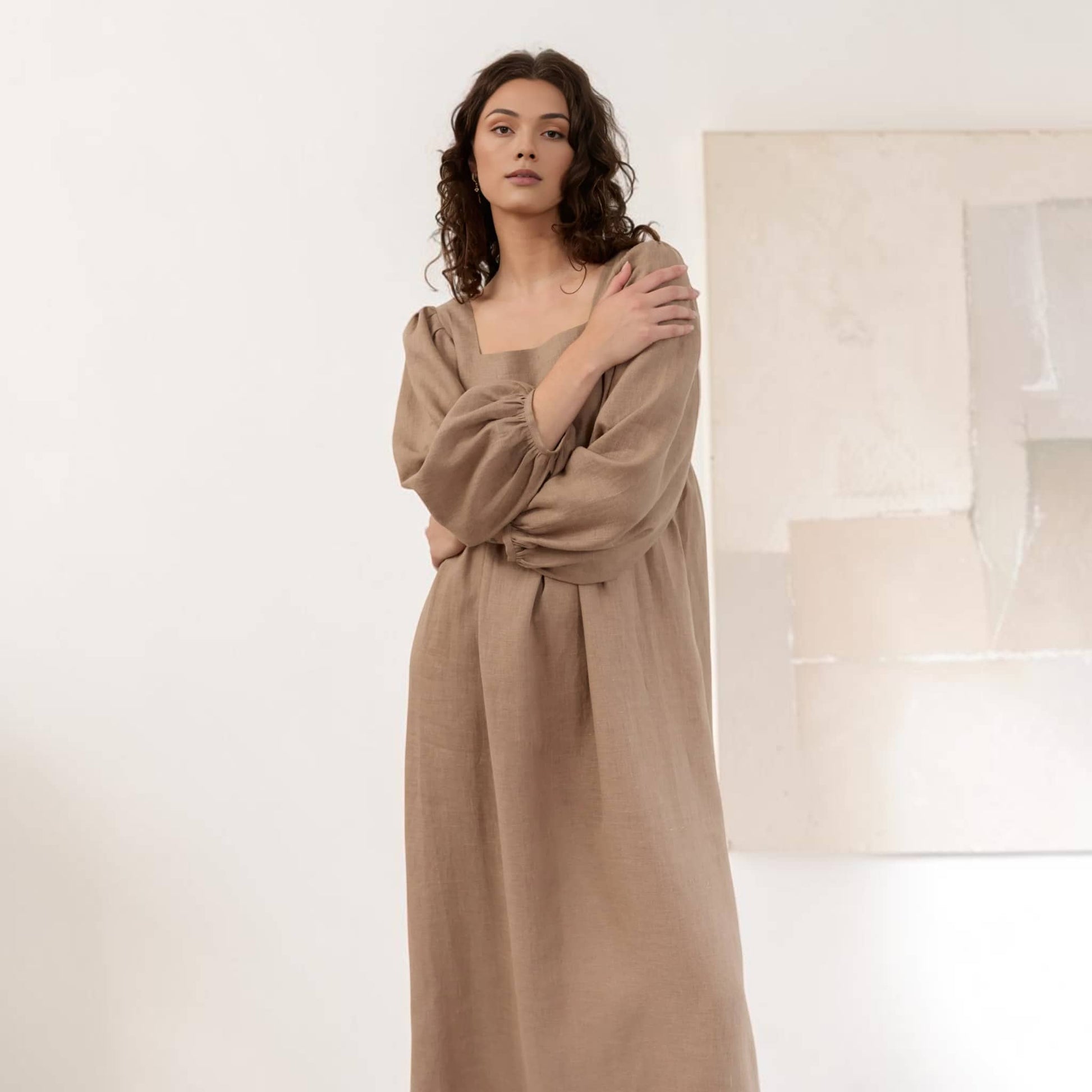 Square Neck Linen Maxi Dress, Long Balloon Sleeve