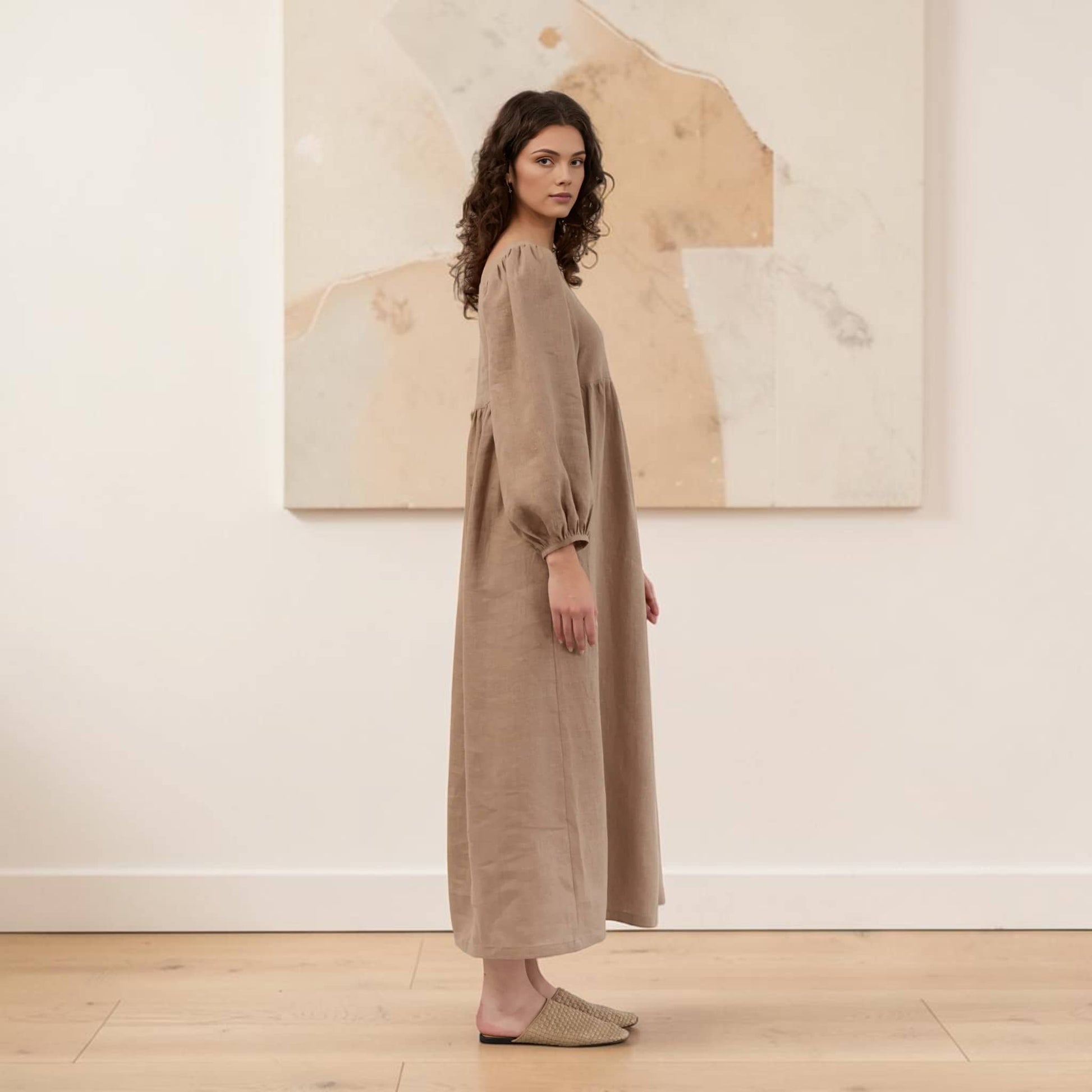 Square Neck Linen Maxi Dress, Long Balloon Sleeve