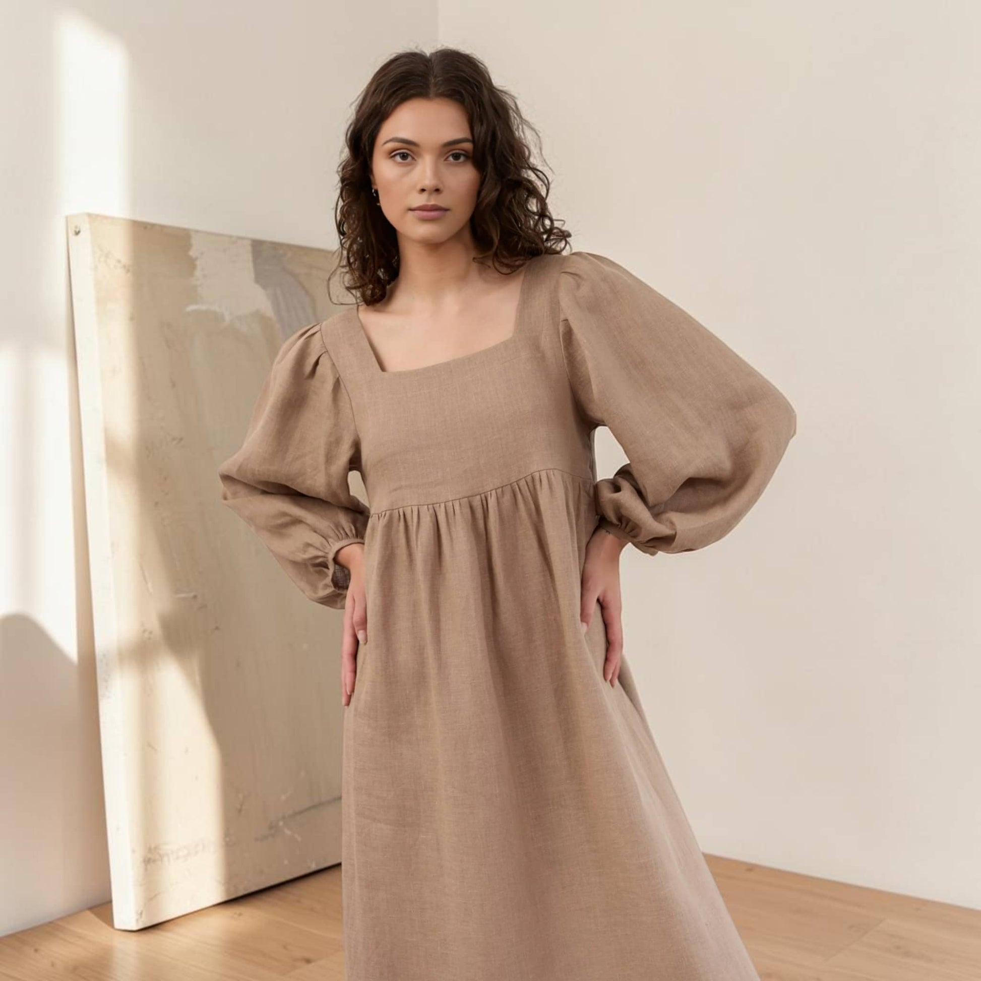 Square Neck Linen Maxi Dress, Long Balloon Sleeve