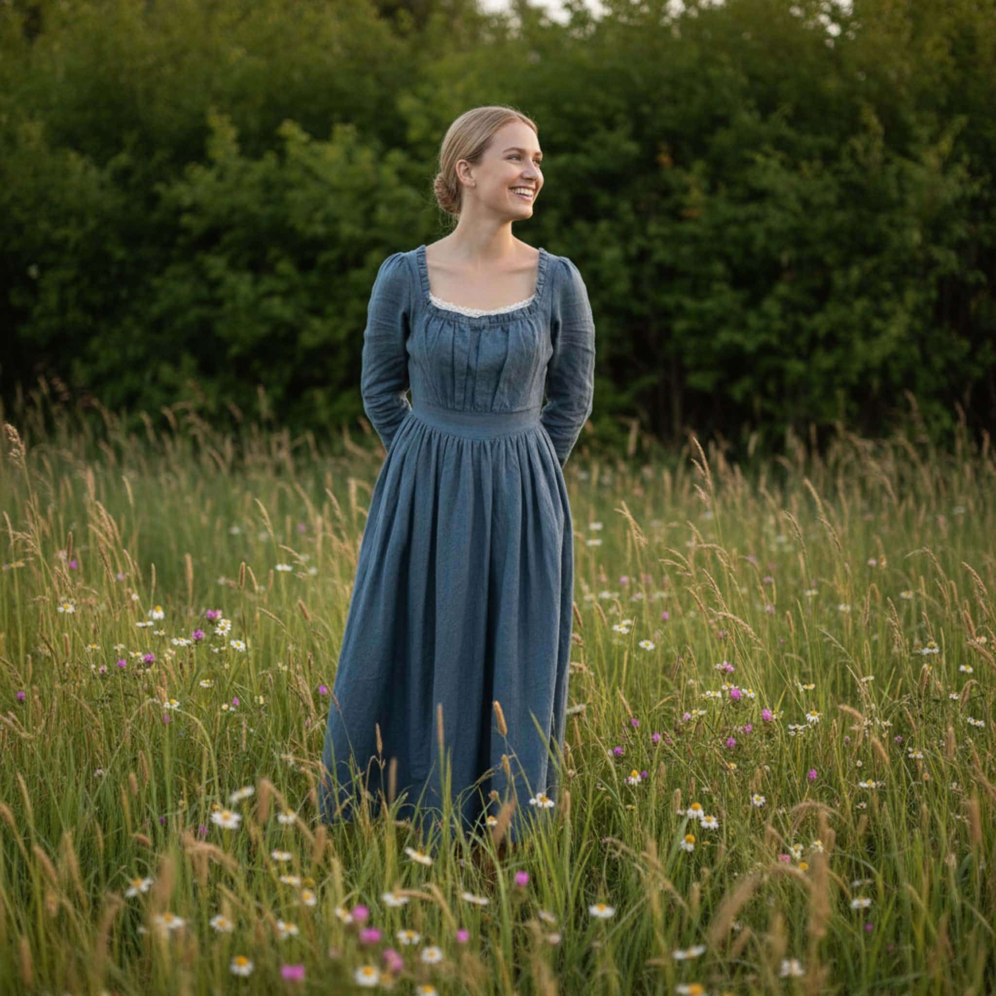 Square Neck Linen Maxi Dress, Long Sleeve Maxi Dress