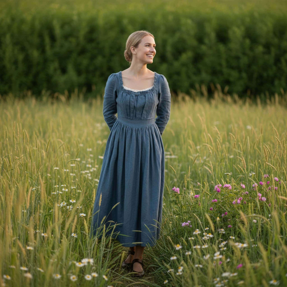 Square Neck Linen Maxi Dress, Long Sleeve Maxi Dress