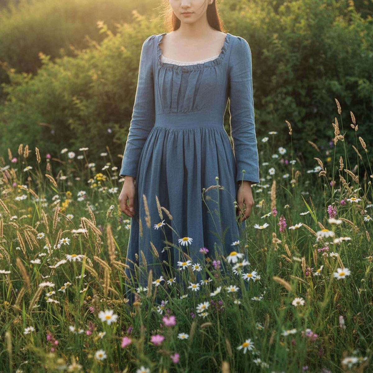 Square Neck Linen Maxi Dress, Long Sleeve Maxi Dress